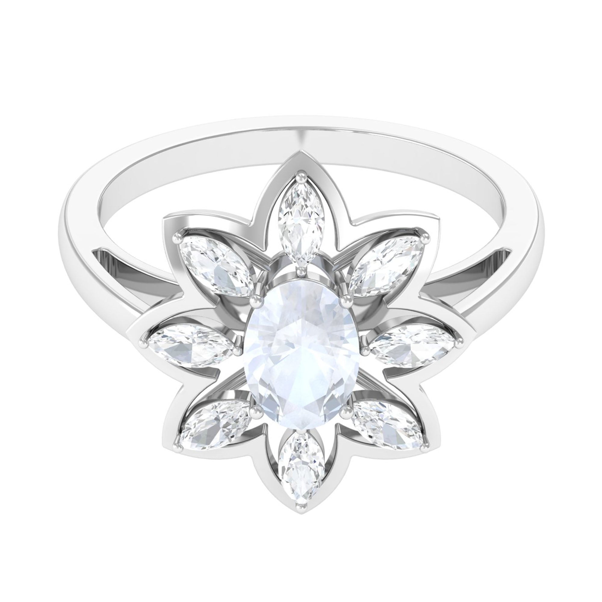 Rosec Jewels-Oval Cut Moonstone and Diamond Flower Cocktail Ring