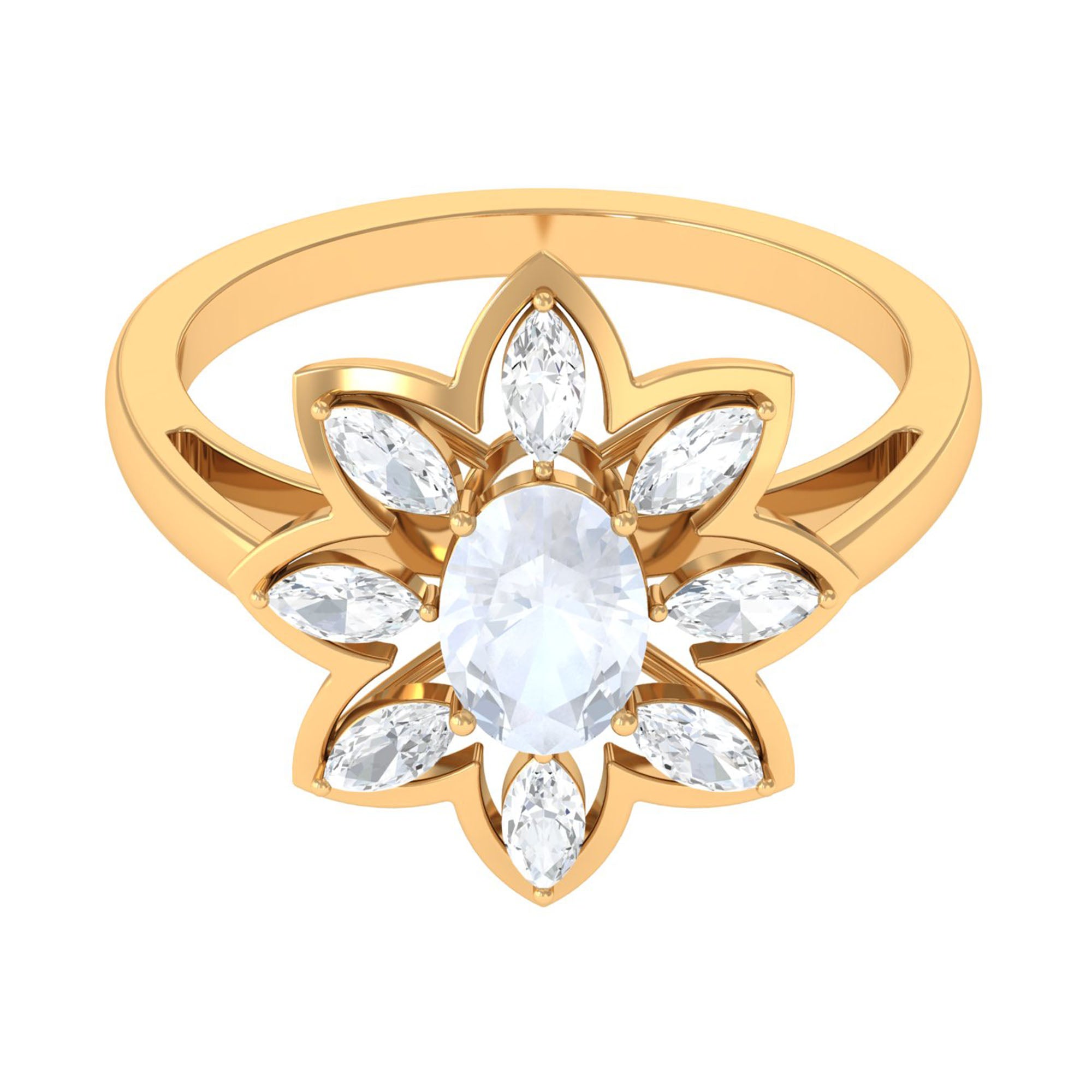 Rosec Jewels-Oval Cut Moonstone and Diamond Flower Cocktail Ring