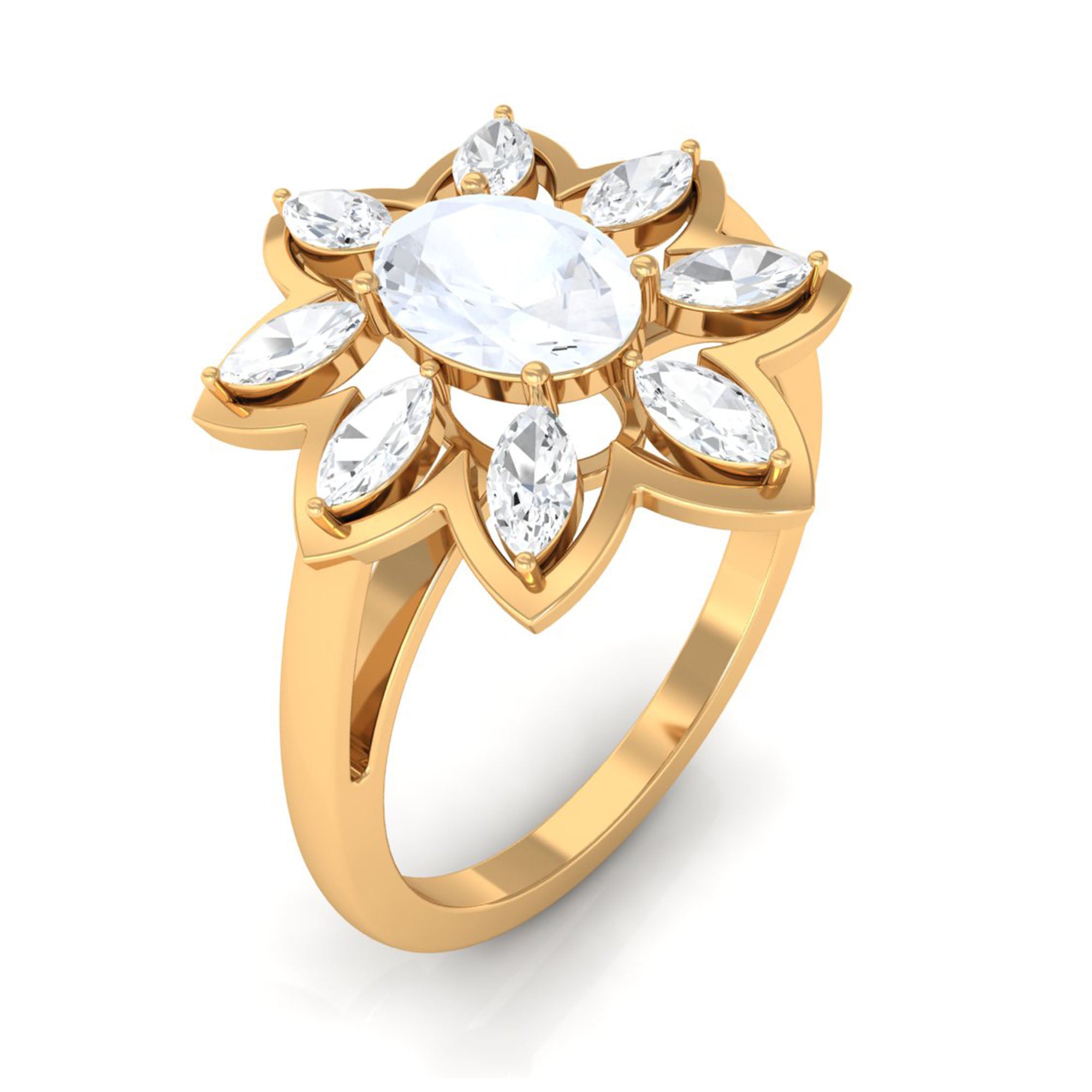 Rosec Jewels-Oval Cut Moonstone and Diamond Flower Cocktail Ring