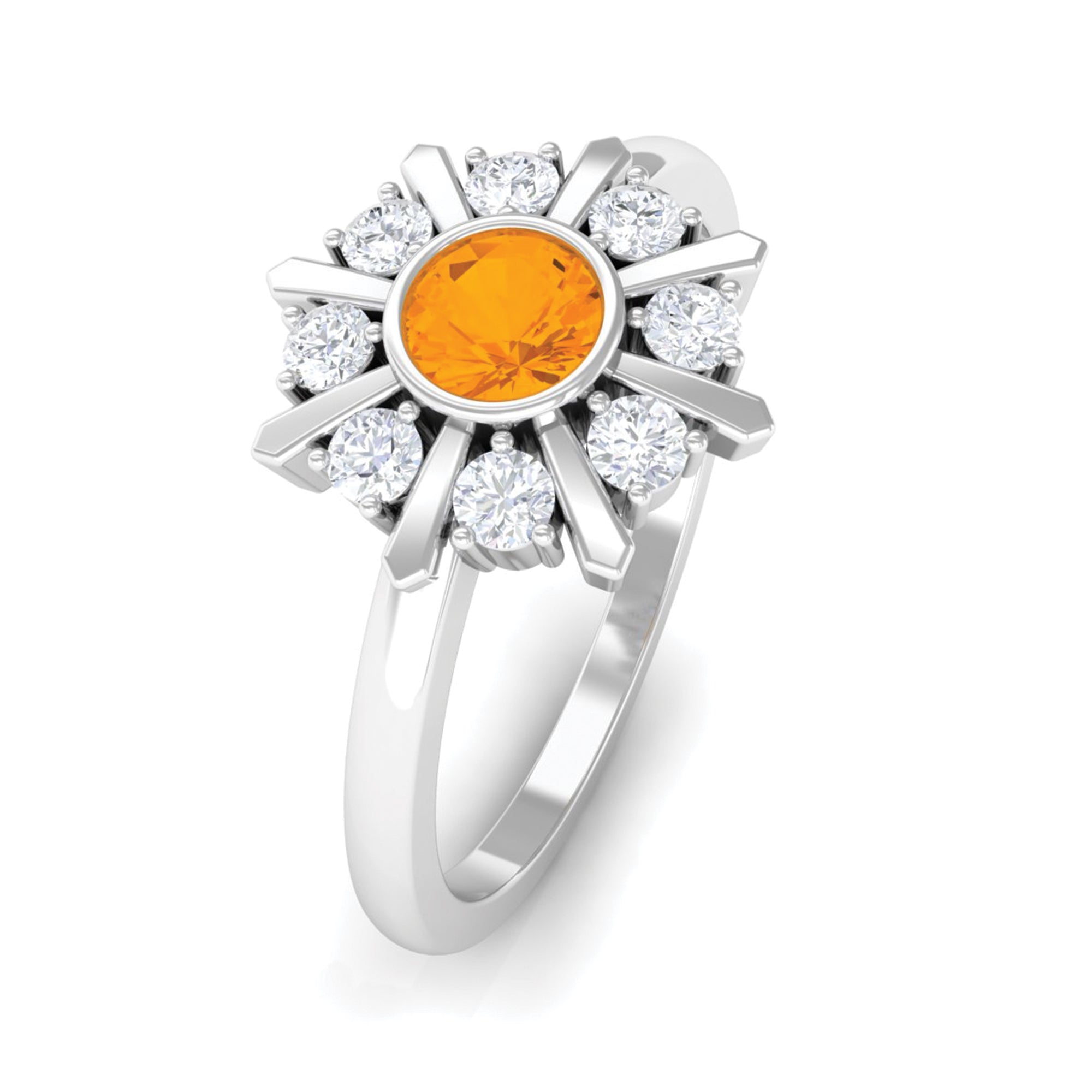 1/2 Carat Bezel Set Fire Opal Statement Ring with Diamond AAA - Rosec Jewels