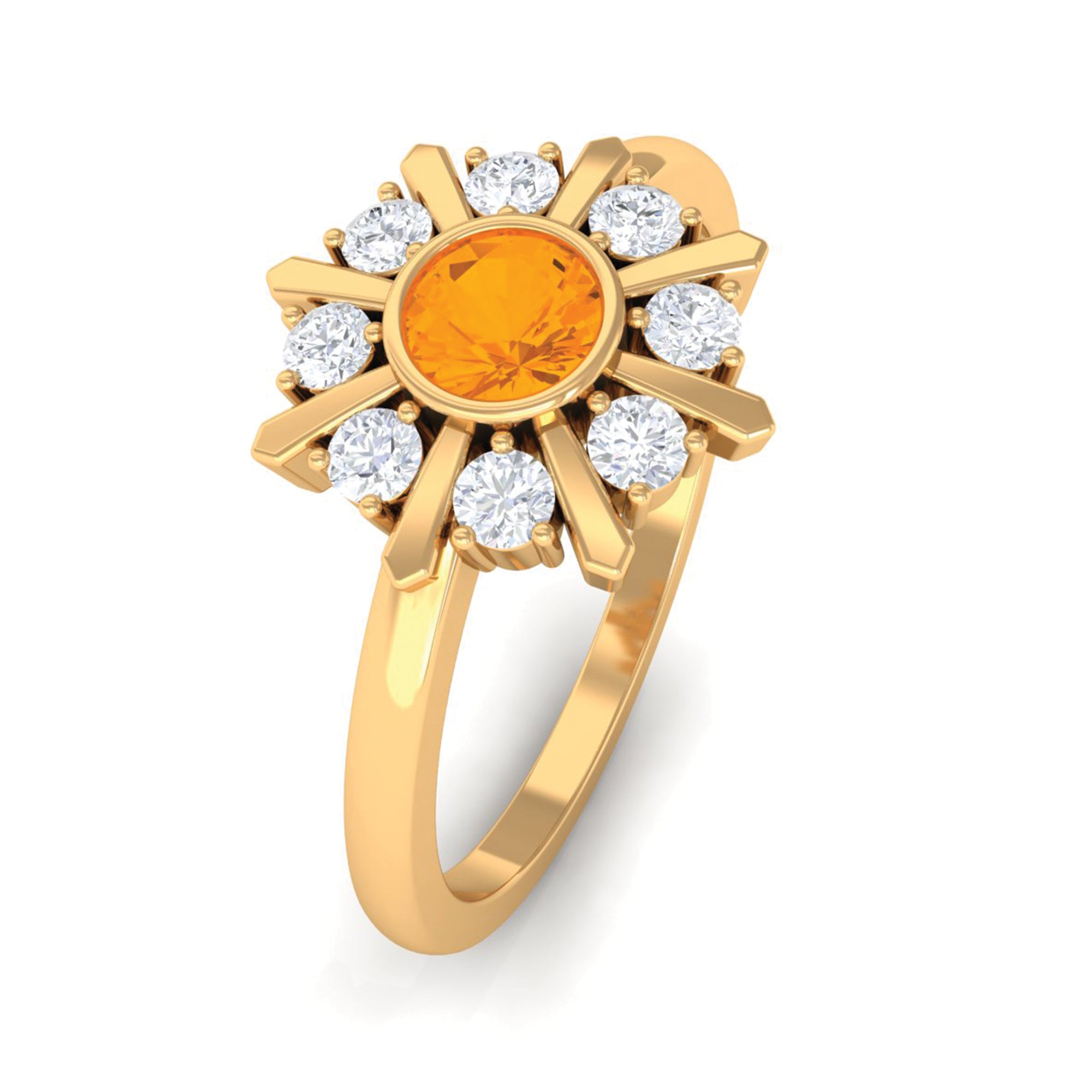1/2 Carat Bezel Set Fire Opal Statement Ring with Diamond AAA - Rosec Jewels
