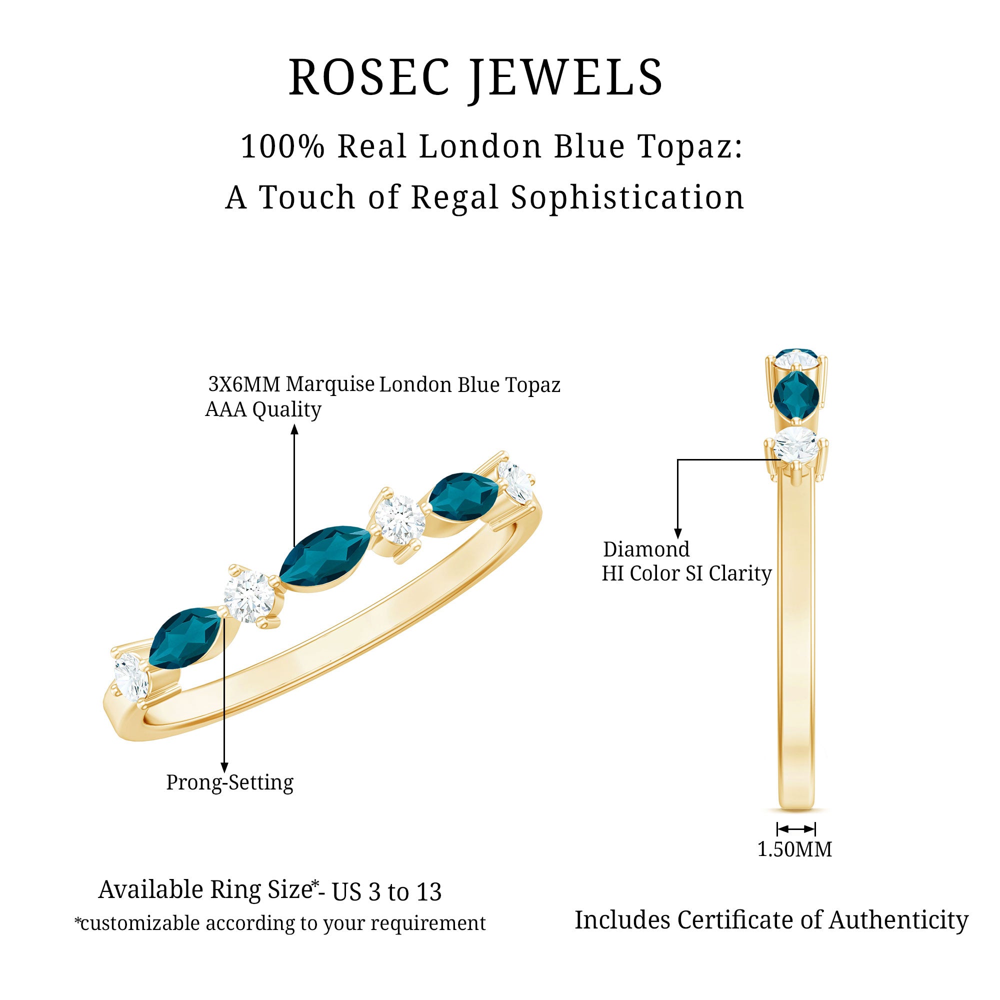 Rosec Jewels-Marquise London Blue Topaz Stackable Eternity Band with Diamond