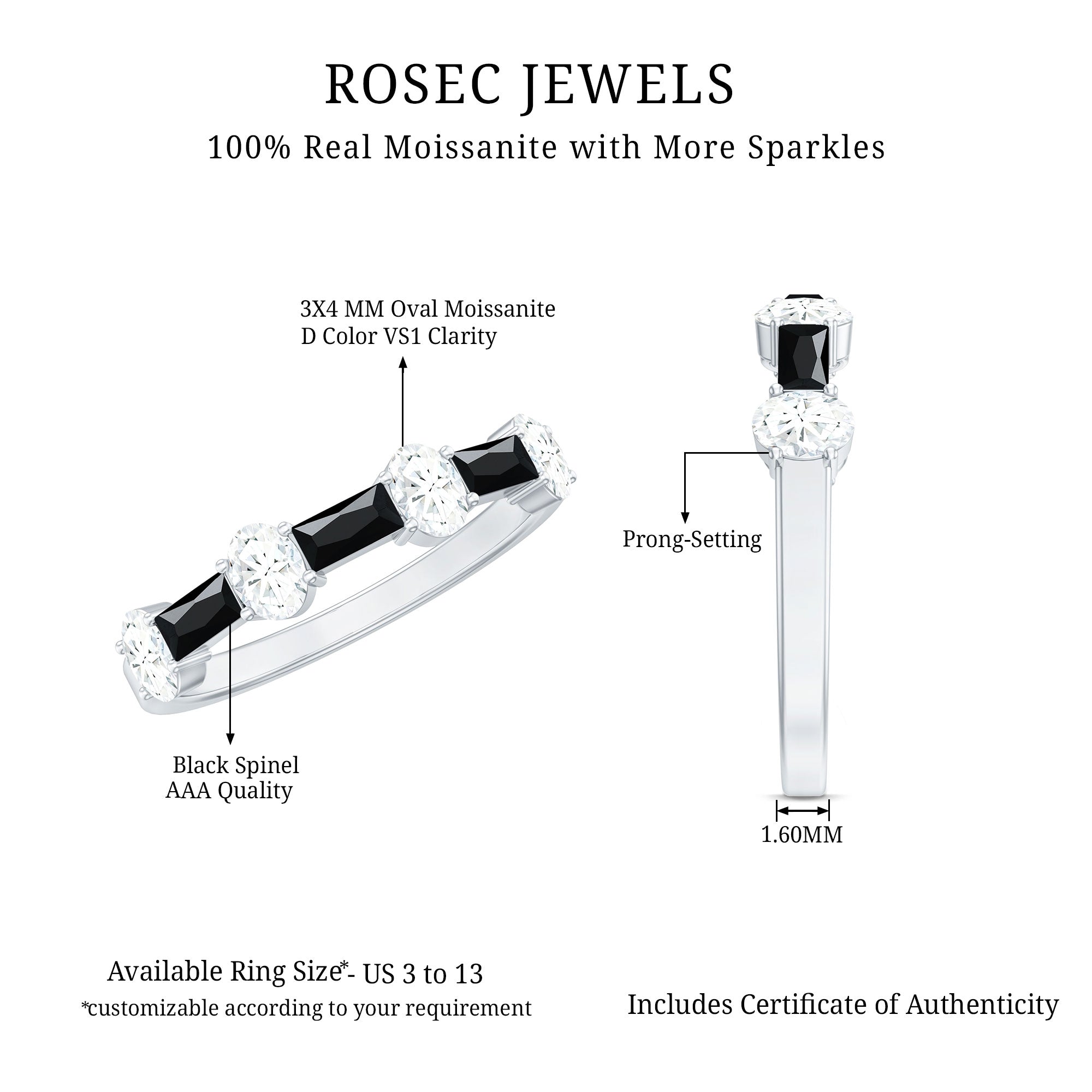 Certified Black Spinel and Moissanite Half Eternity Band Ring AAA - Rosec Jewels