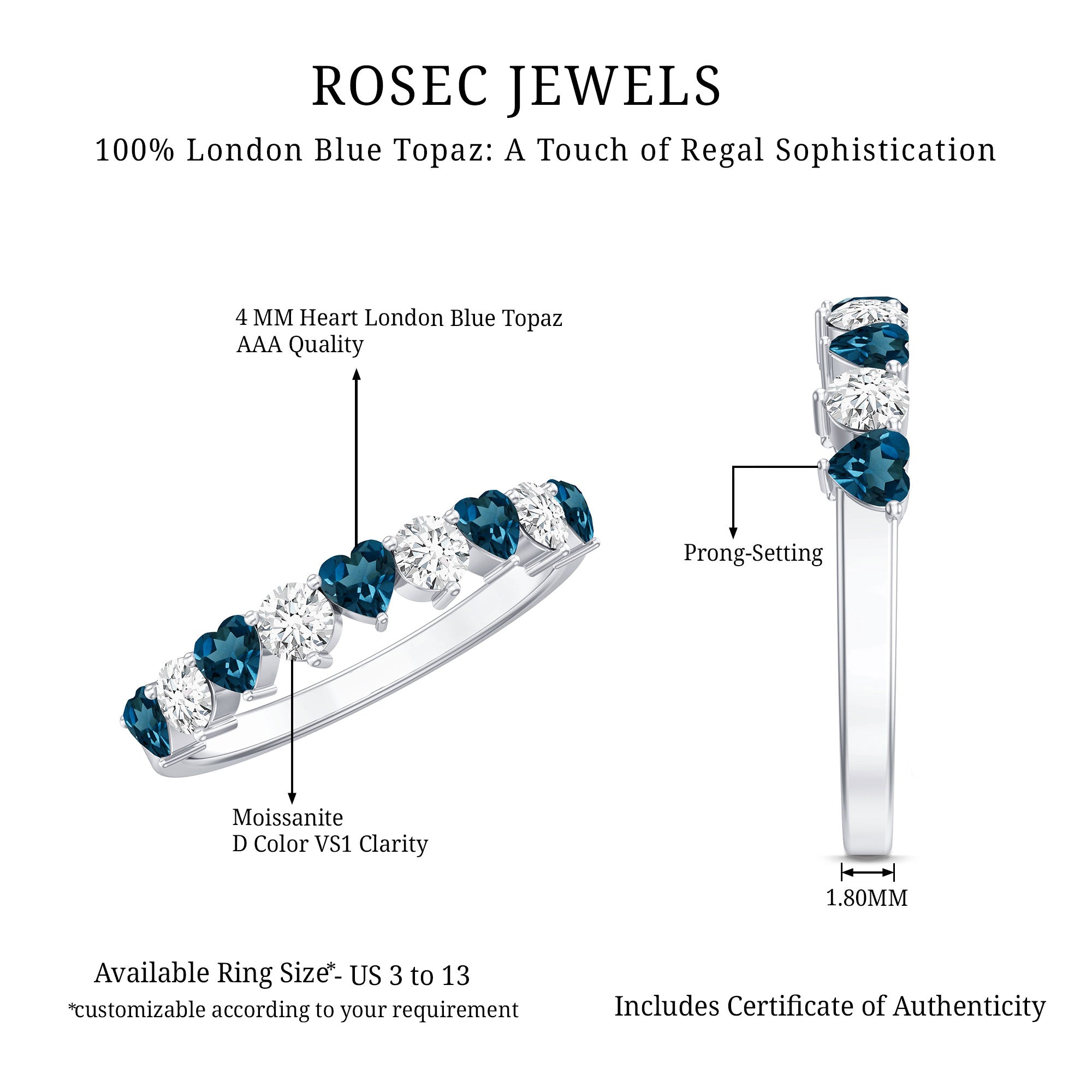 Rosec Jewels-London Blue Topaz and Moissanite Heart Eternity Band
