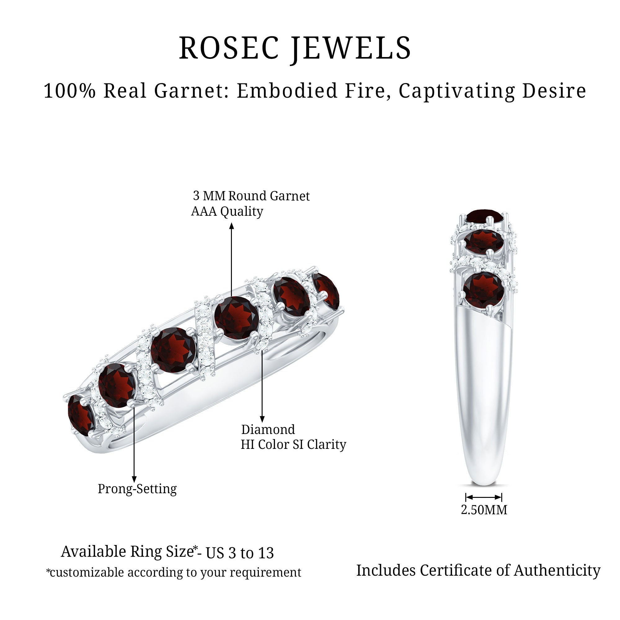 Rosec Jewels-Genuine Red Garnet Diamond Half Eternity Ring for Anniversary