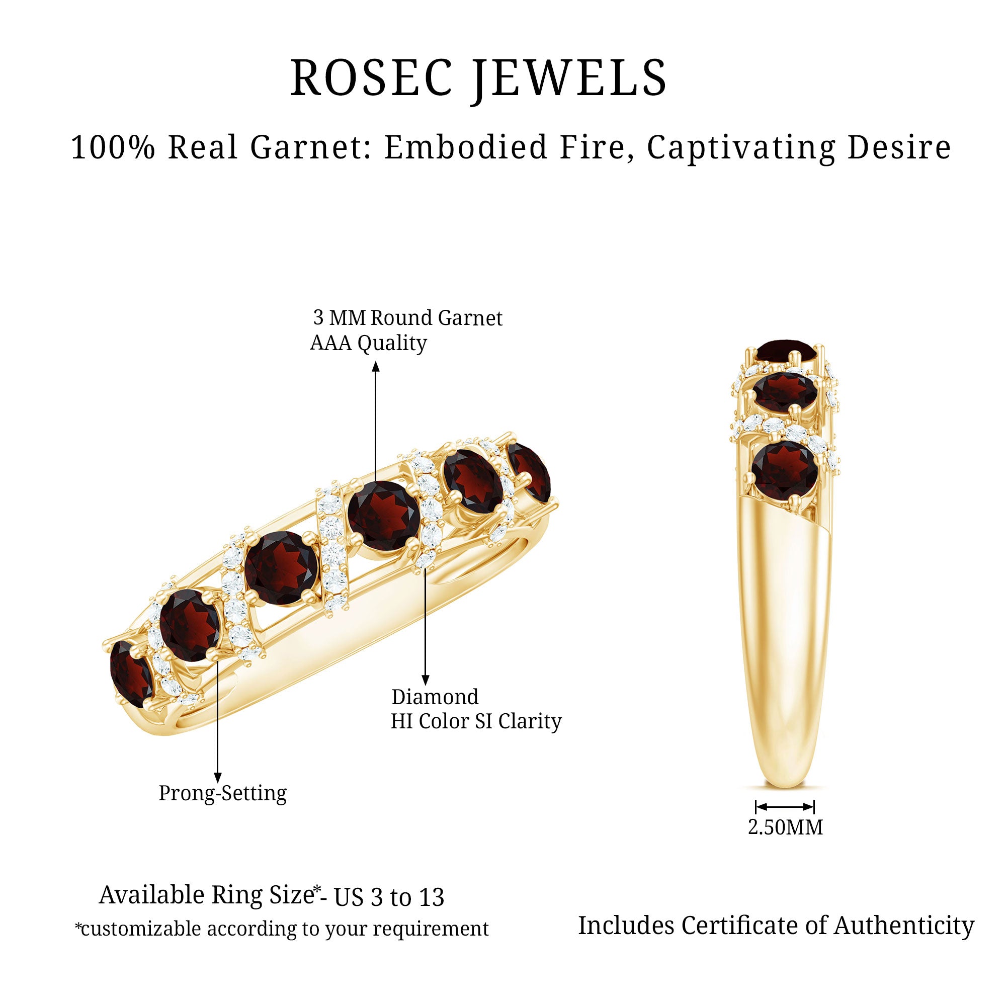 Rosec Jewels-Genuine Red Garnet Diamond Half Eternity Ring for Anniversary