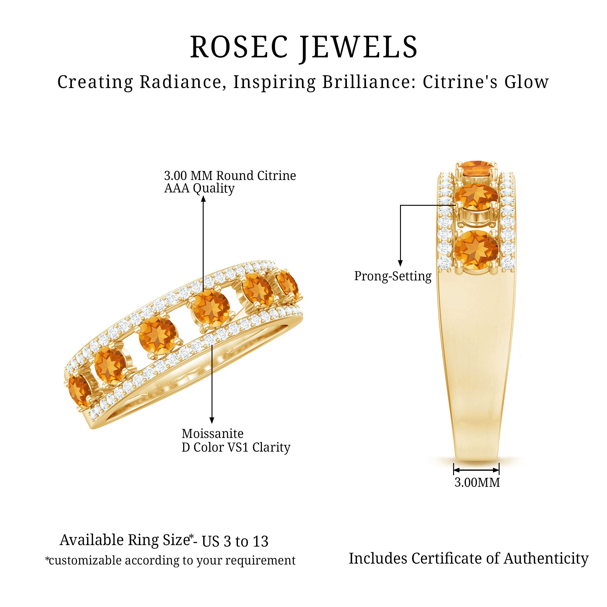 Natural Citrine Diamond Half Eternity Band Ring for Anniversary AAA - Rosec Jewels