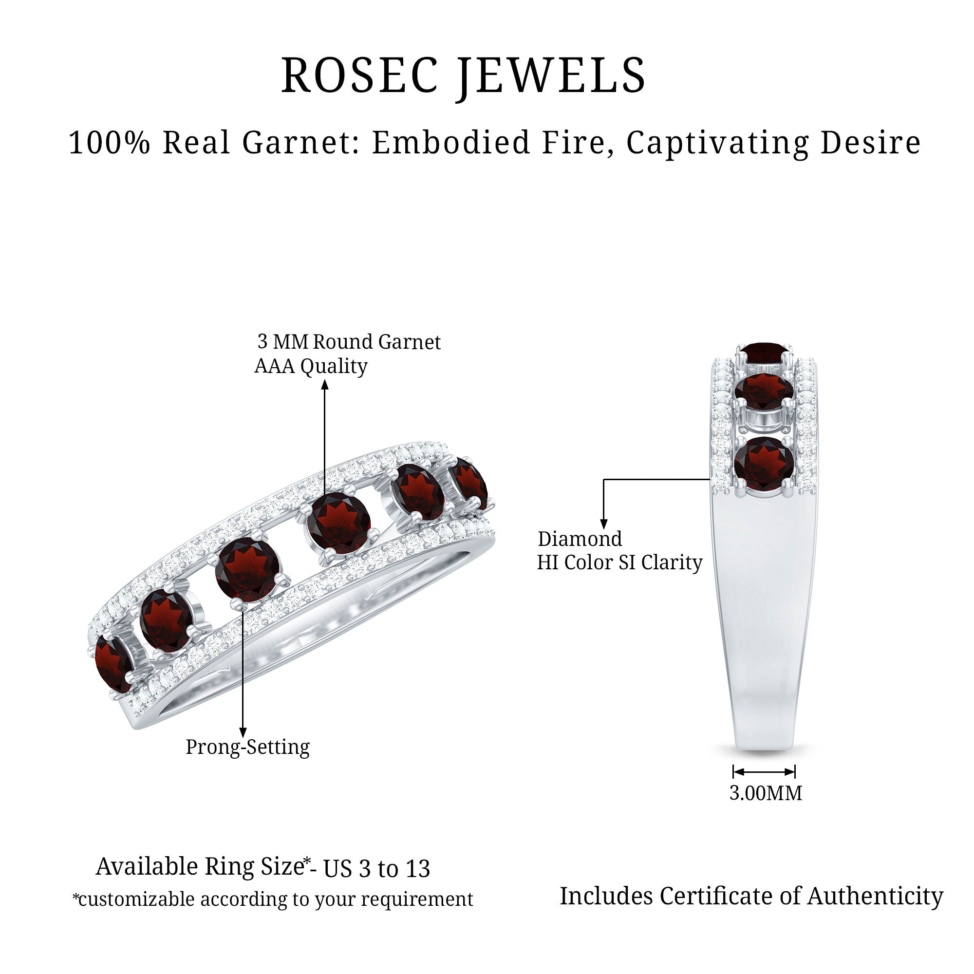 Rosec Jewels-Natural Garnet Half Eternity Band with Diamond