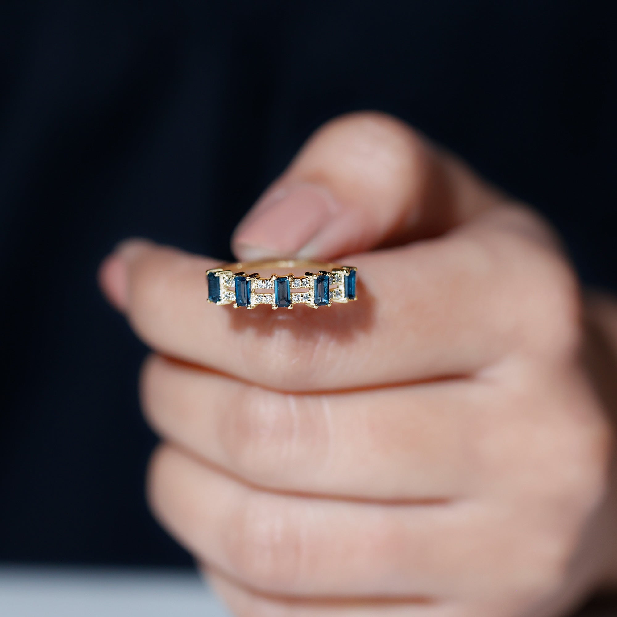 Baguette London Blue Topaz Half Eternity Band with Diamond AAA - Rosec Jewels