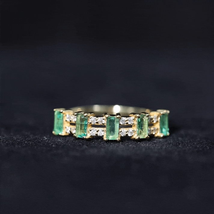 Wide Half Eternity Band Ring with Emerald and Diamond Emerald - ( AAA ) - Quality - Rosec Jewels