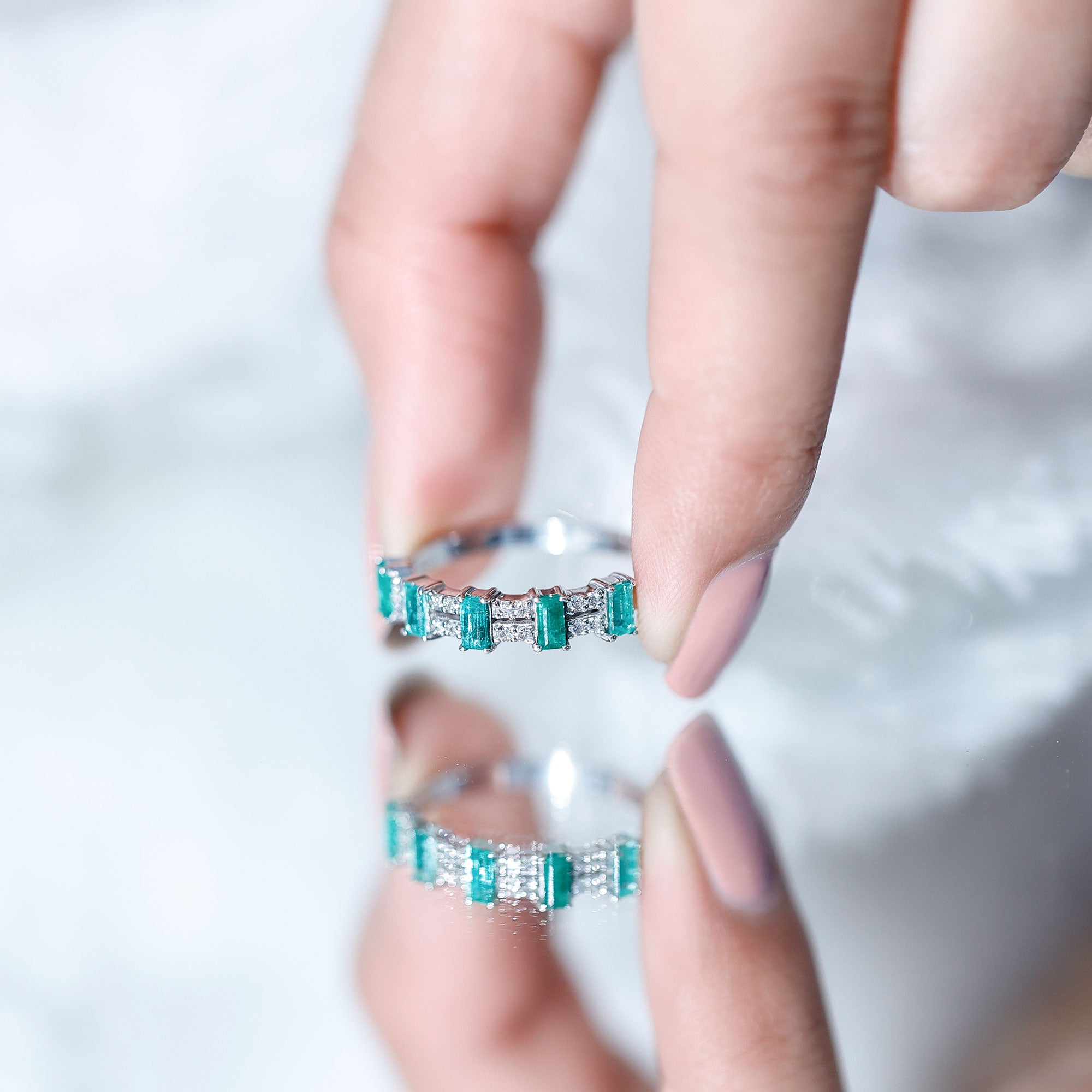 Baguette Cut Emerald and Diamond Half Eternity Band AAA - Rosec Jewels