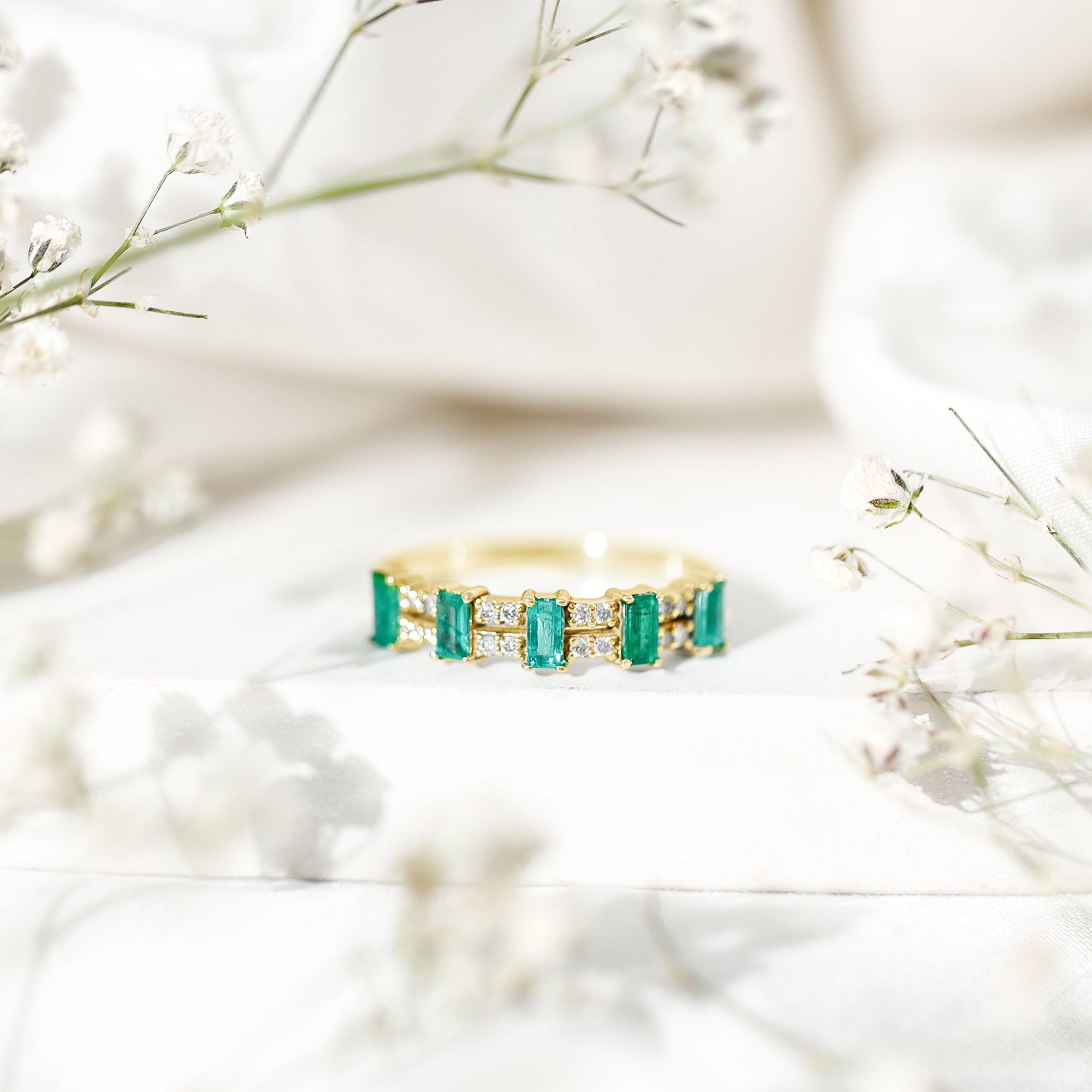 Baguette Cut Emerald and Diamond Half Eternity Band AAA - Rosec Jewels