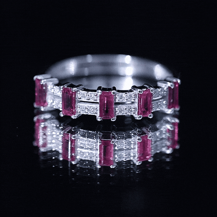 Rosec Jewels-Real Baguette Ruby Half Eternity Band Ring with Diamond