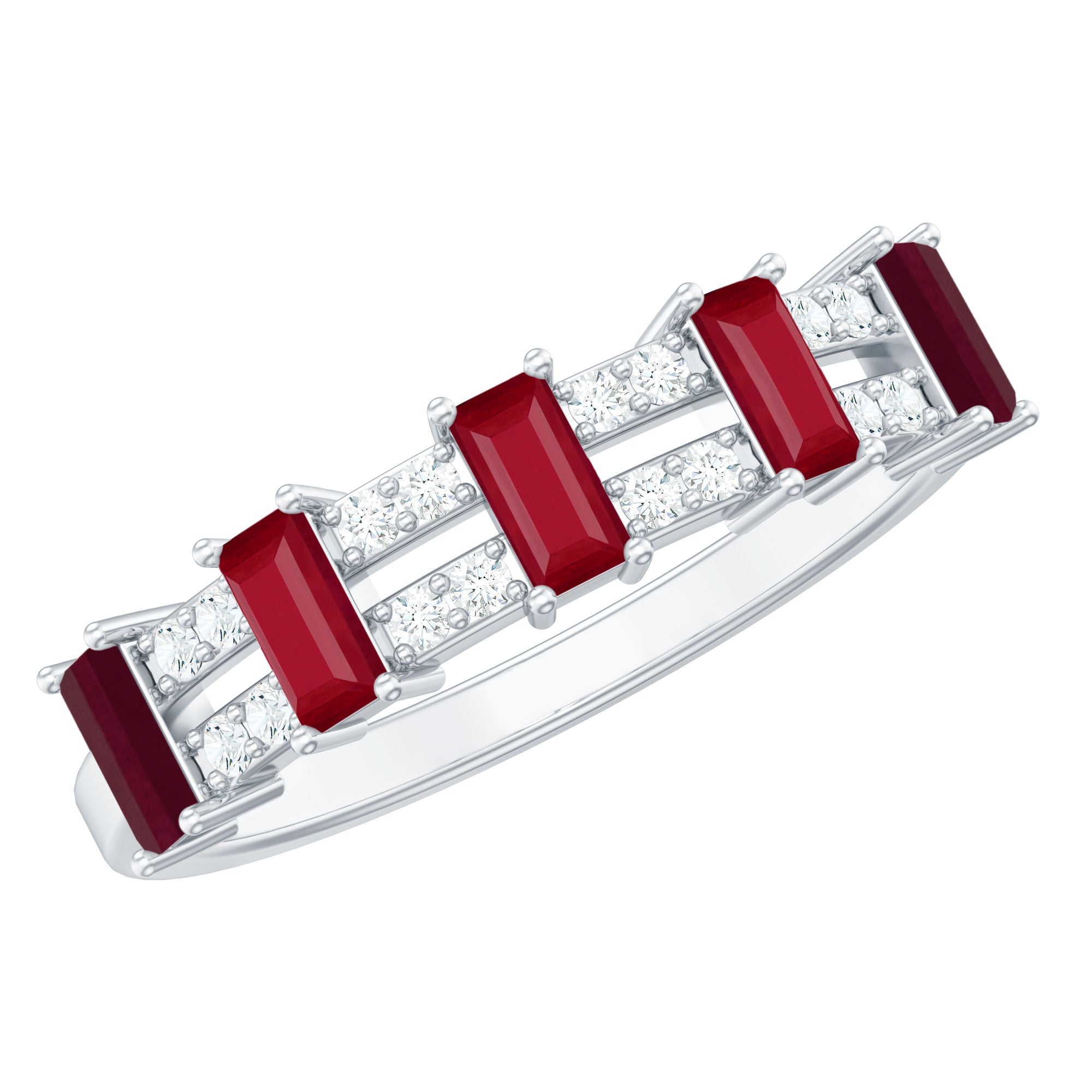 Rosec Jewels-Real Baguette Ruby Half Eternity Band Ring with Diamond