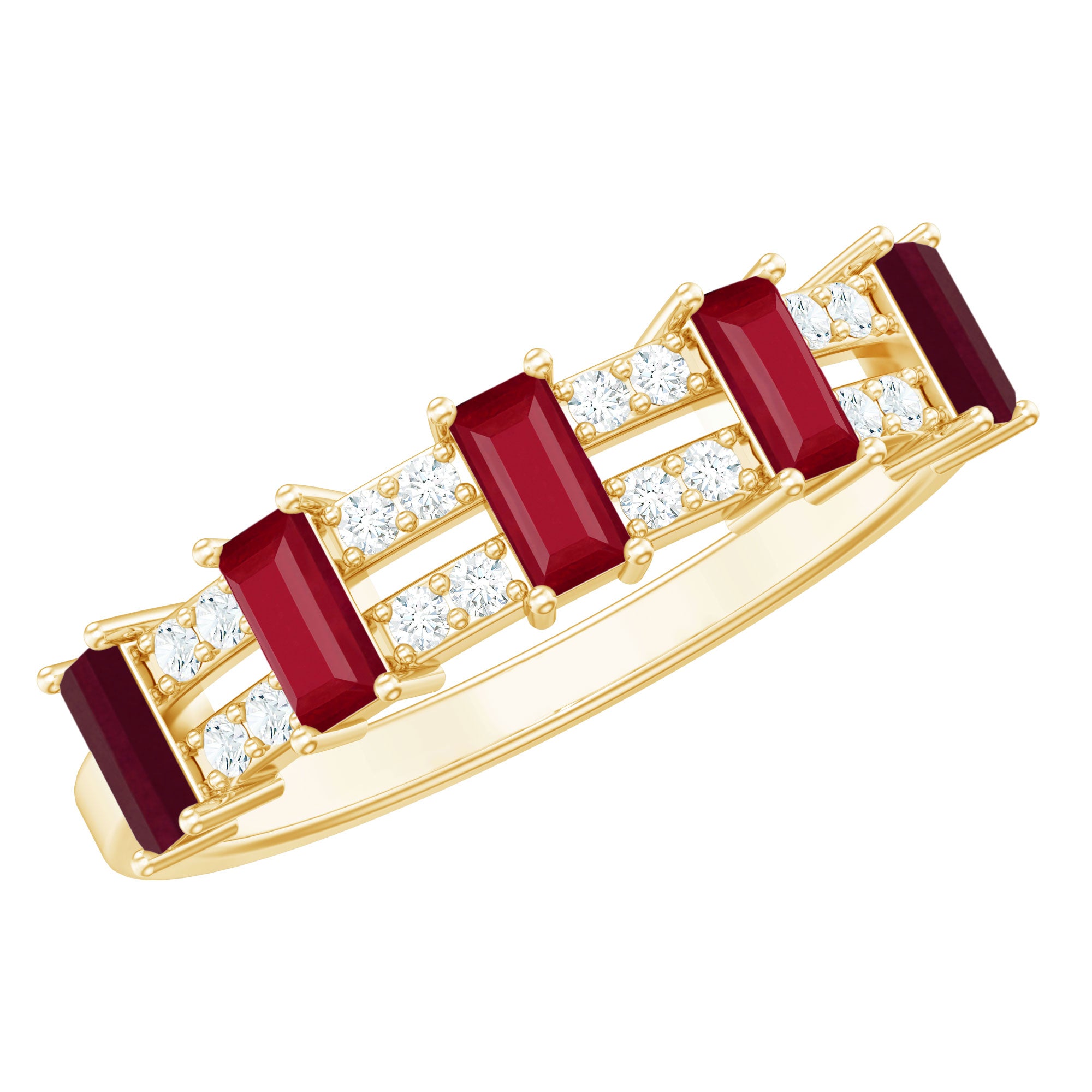 Rosec Jewels-Real Baguette Ruby Half Eternity Band Ring with Diamond