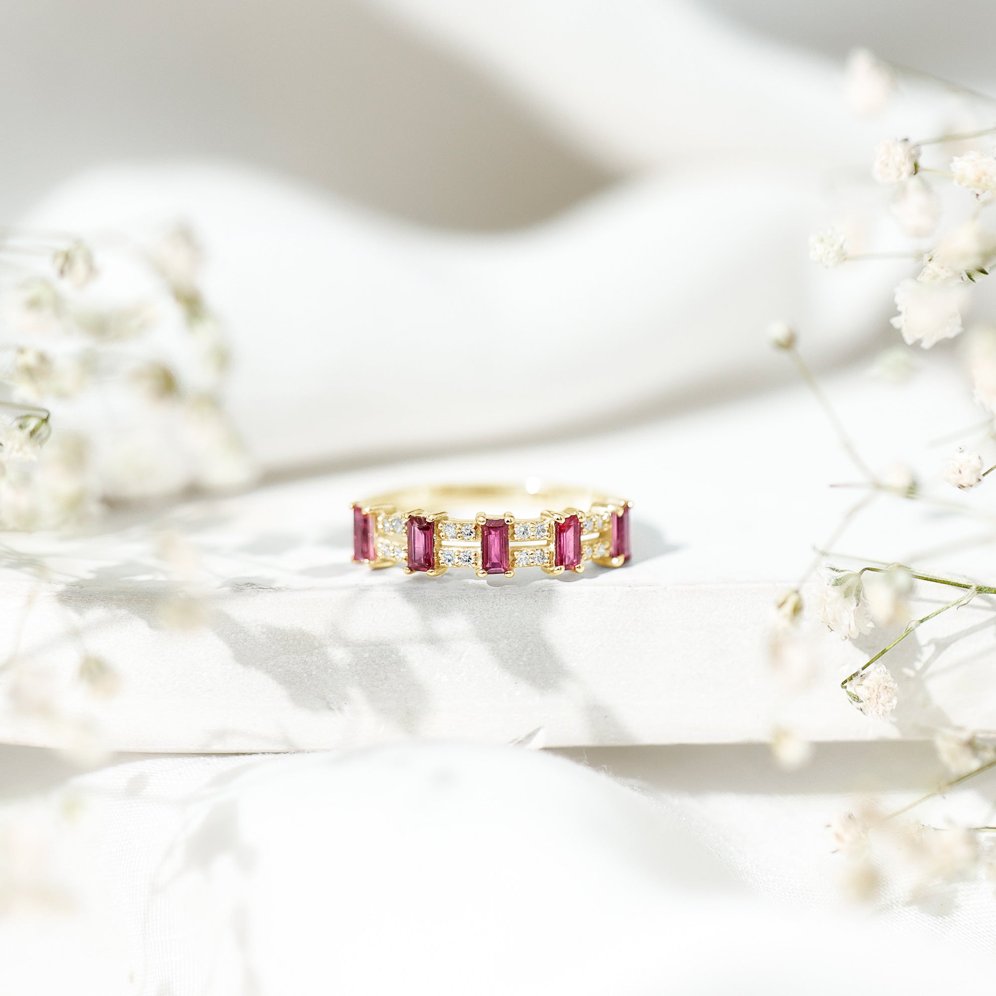 Rosec Jewels-Real Baguette Ruby Half Eternity Band Ring with Diamond