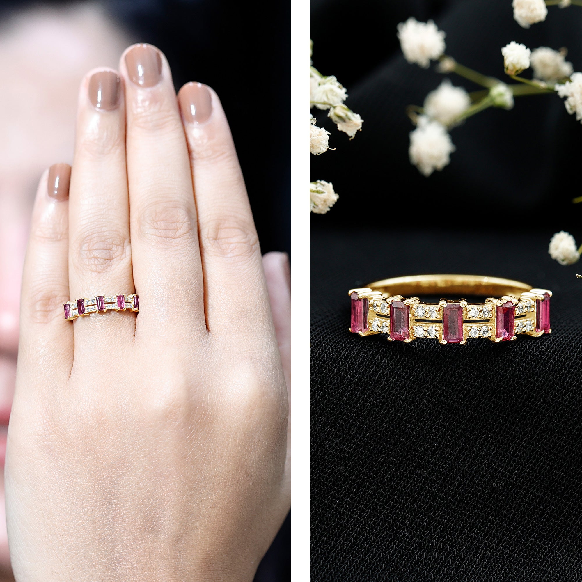 Rosec Jewels-Real Baguette Ruby Half Eternity Band Ring with Diamond