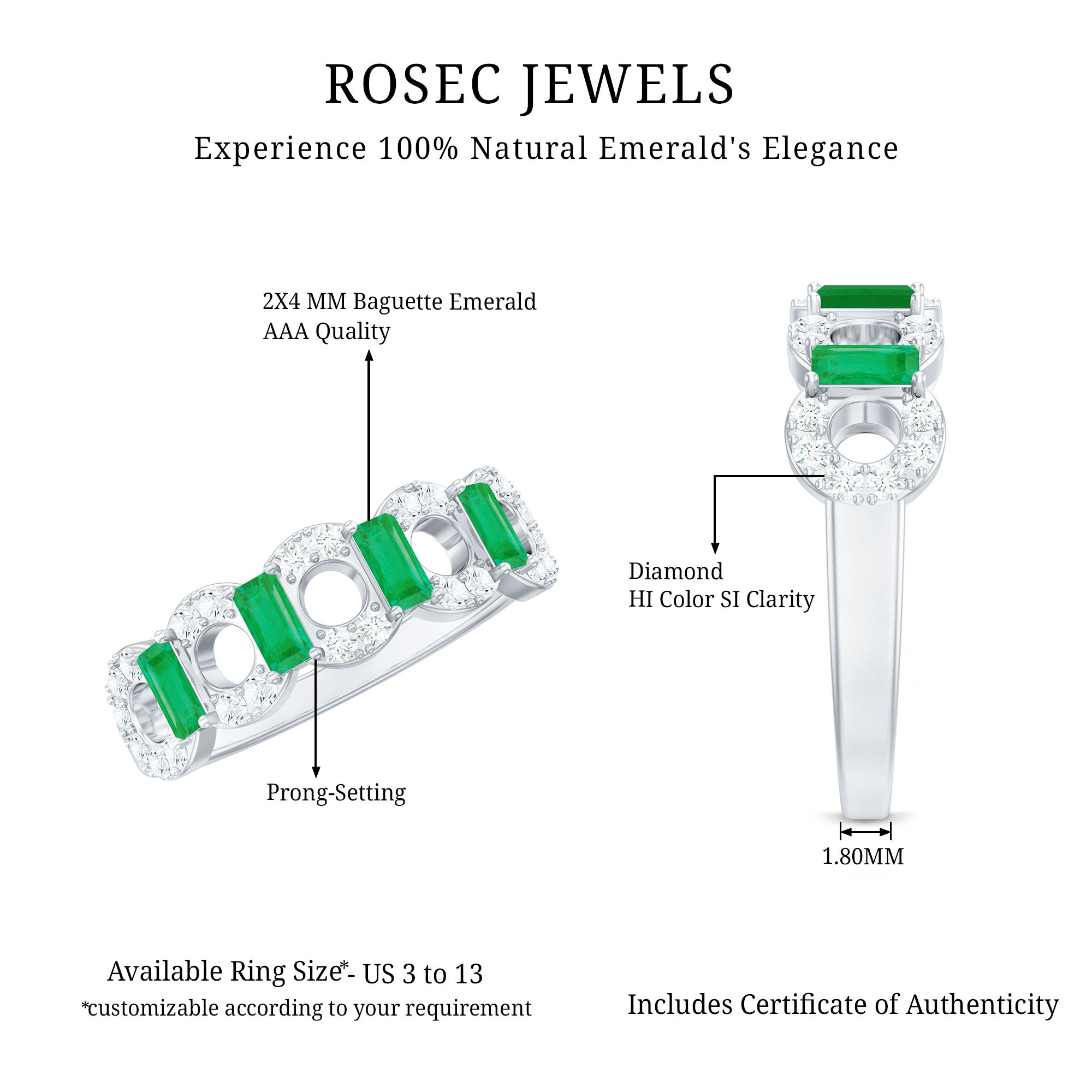 Natural Baguette Emerald Diamond Art Deco Half Eternity Ring AAA - Rosec Jewels