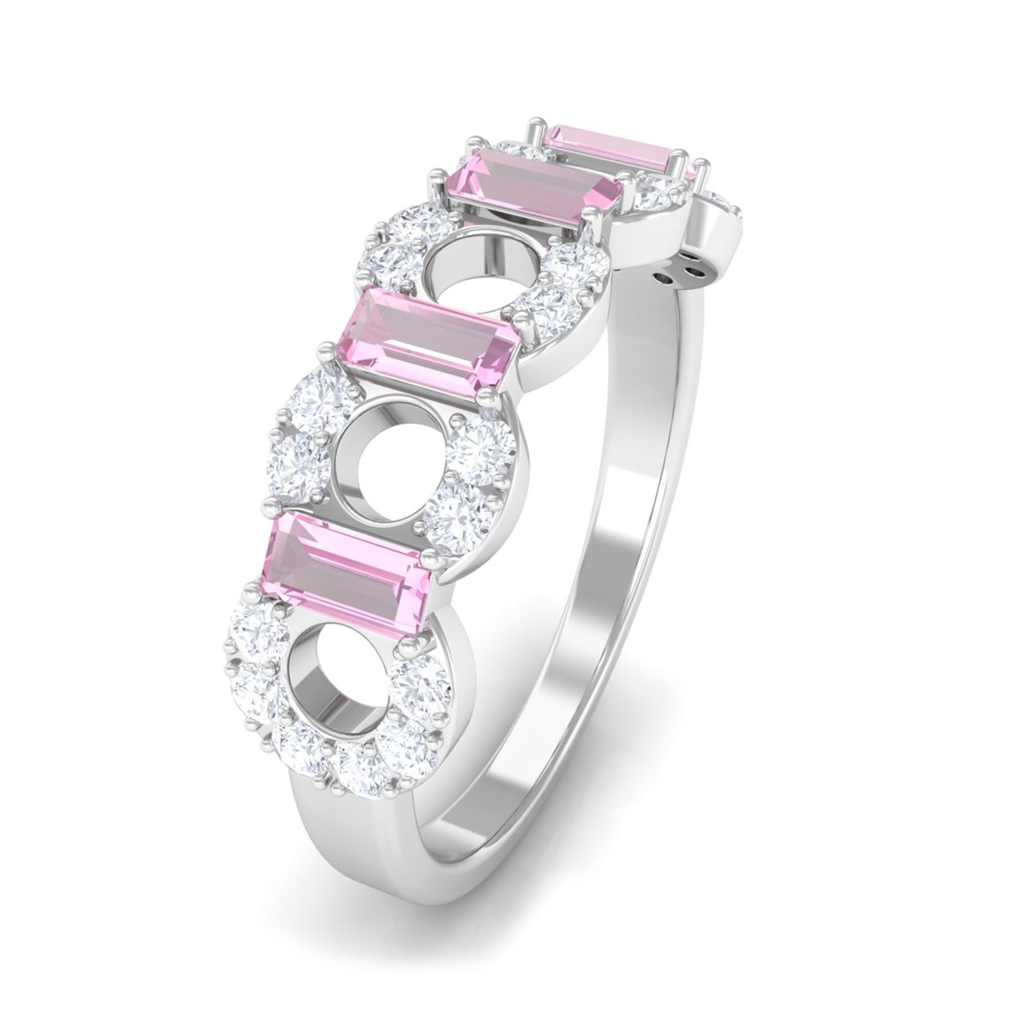 Real Pink Tourmaline Art Deco Half Eternity Ring with Diamond AAA - Rosec Jewels