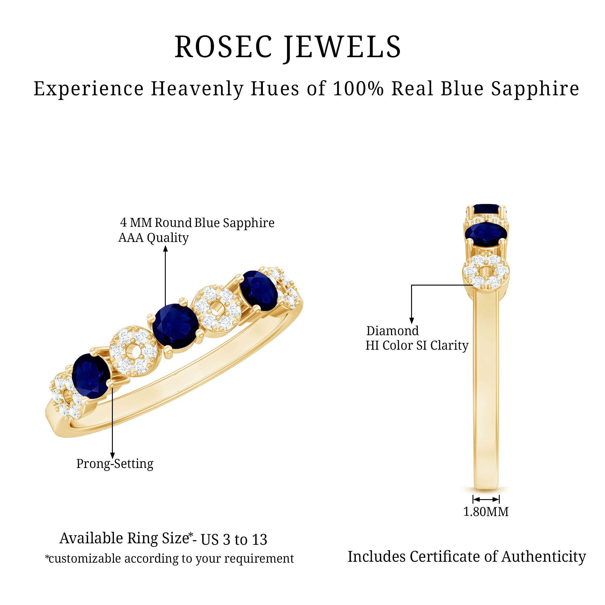 Rosec Jewels-Natural Blue Sapphire Diamond Half Eternity Ring for Women