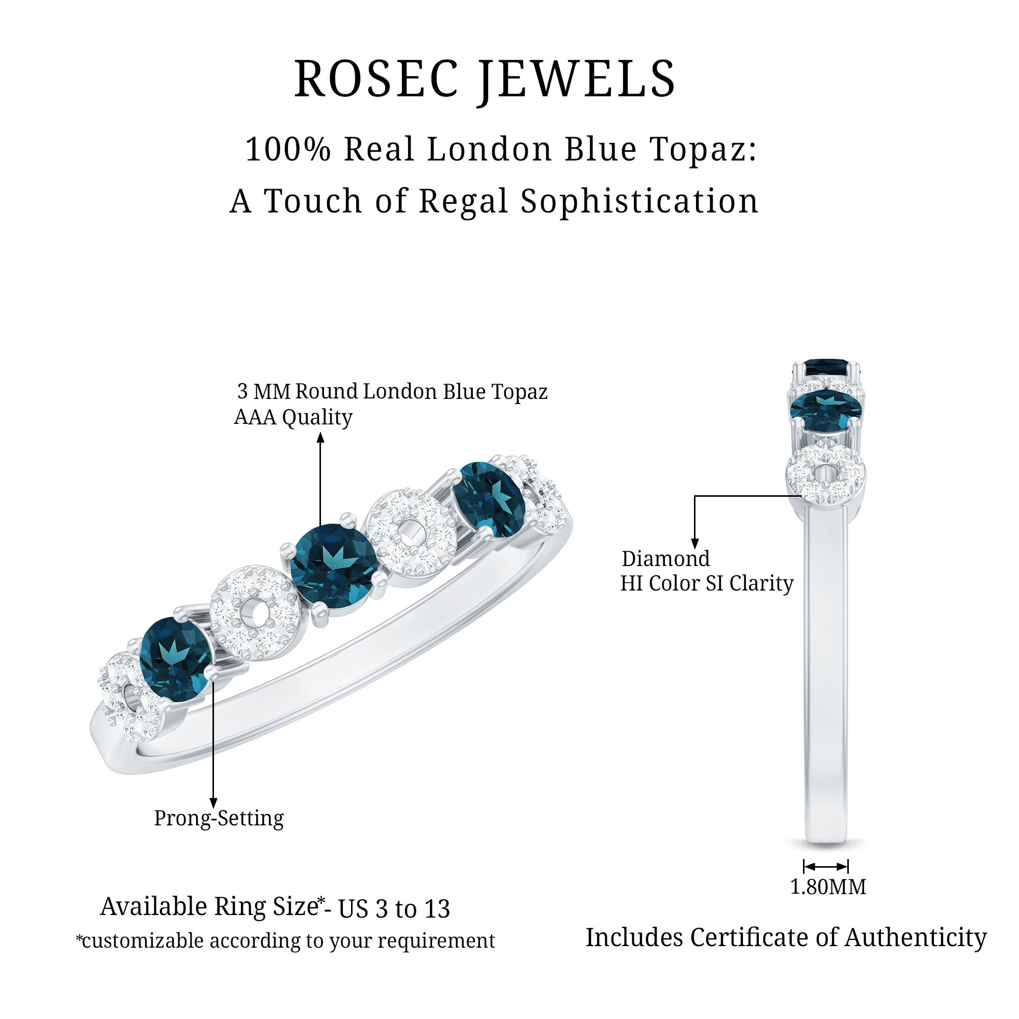 Rosec Jewels-Natural London Blue Topaz Eternity Band Ring with Diamond