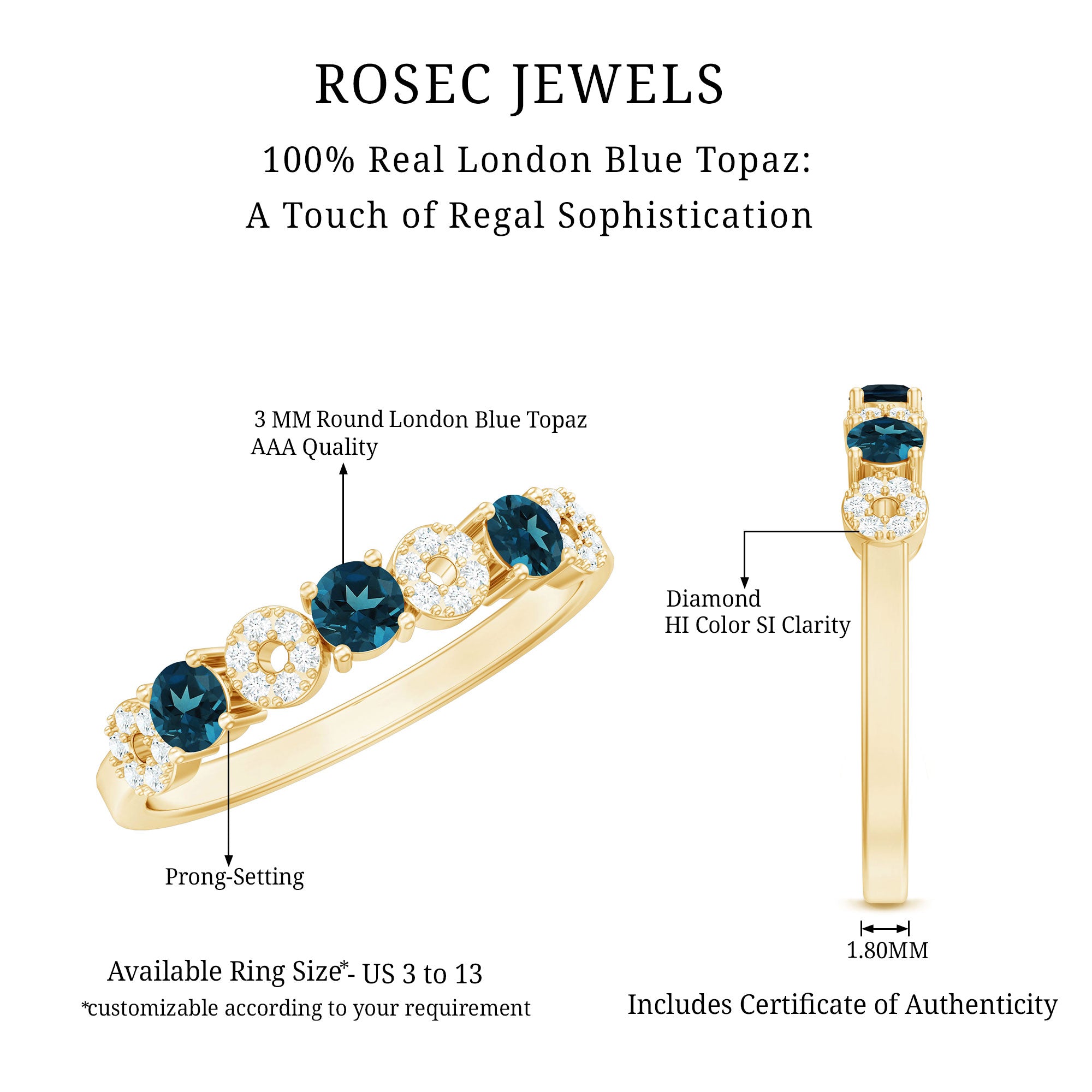 Rosec Jewels-Natural London Blue Topaz Eternity Band Ring with Diamond