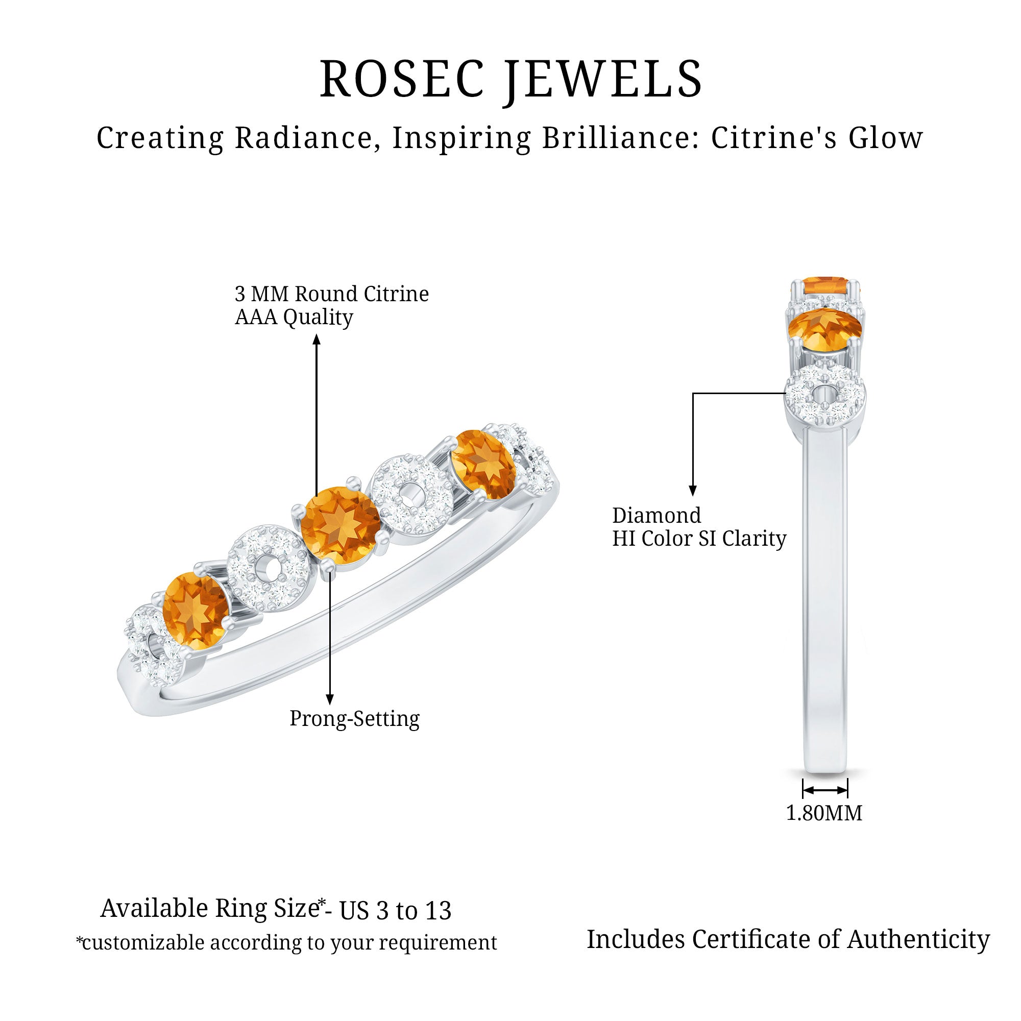 Rosec Jewels-Natural Citrine Diamond Half Eternity Ring