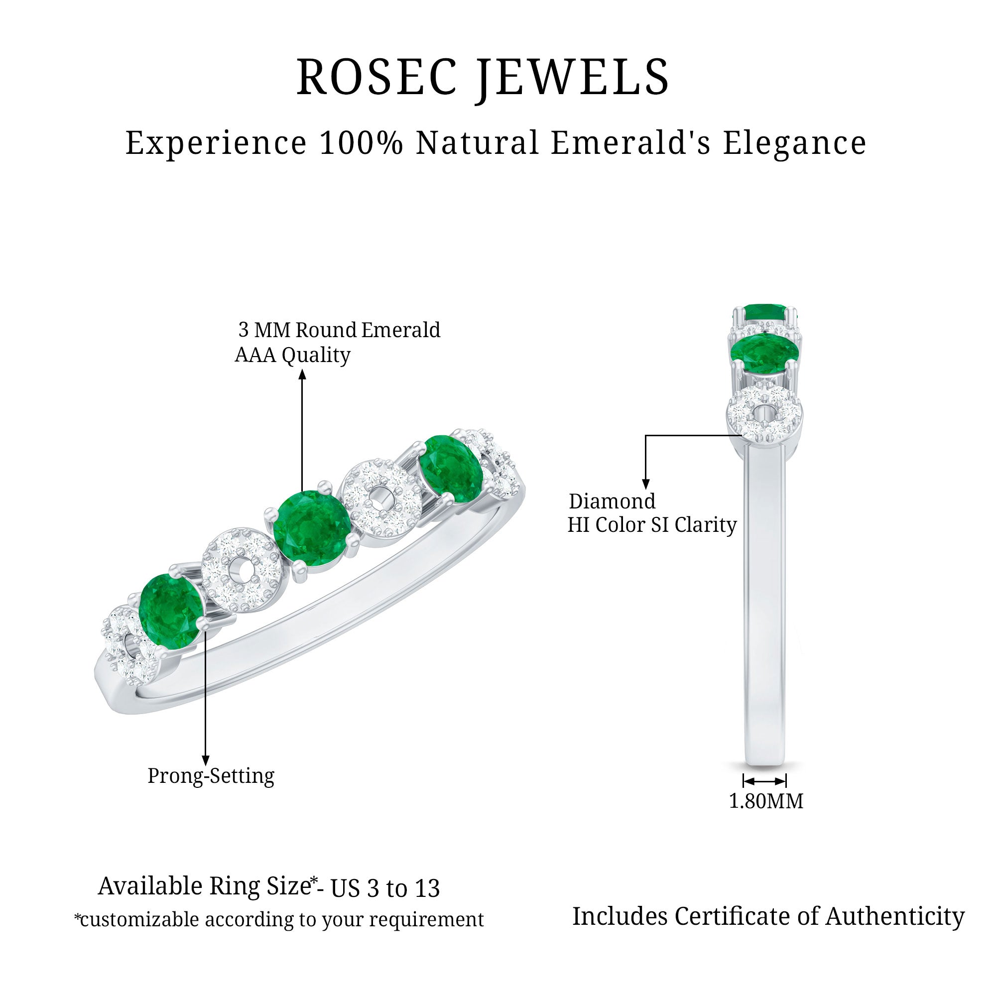 Rosec Jewels-Natural Emerald Diamond Half Eternity Anniversary Ring with Certificate