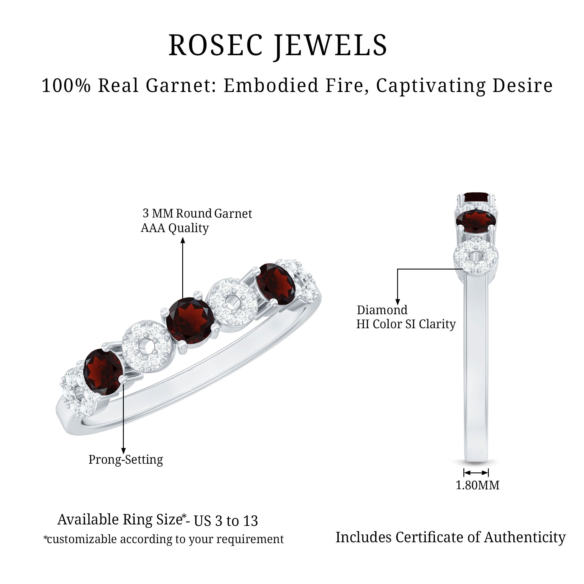 Rosec Jewels-Natural Garnet Diamond Half Eternity Ring with Certificate