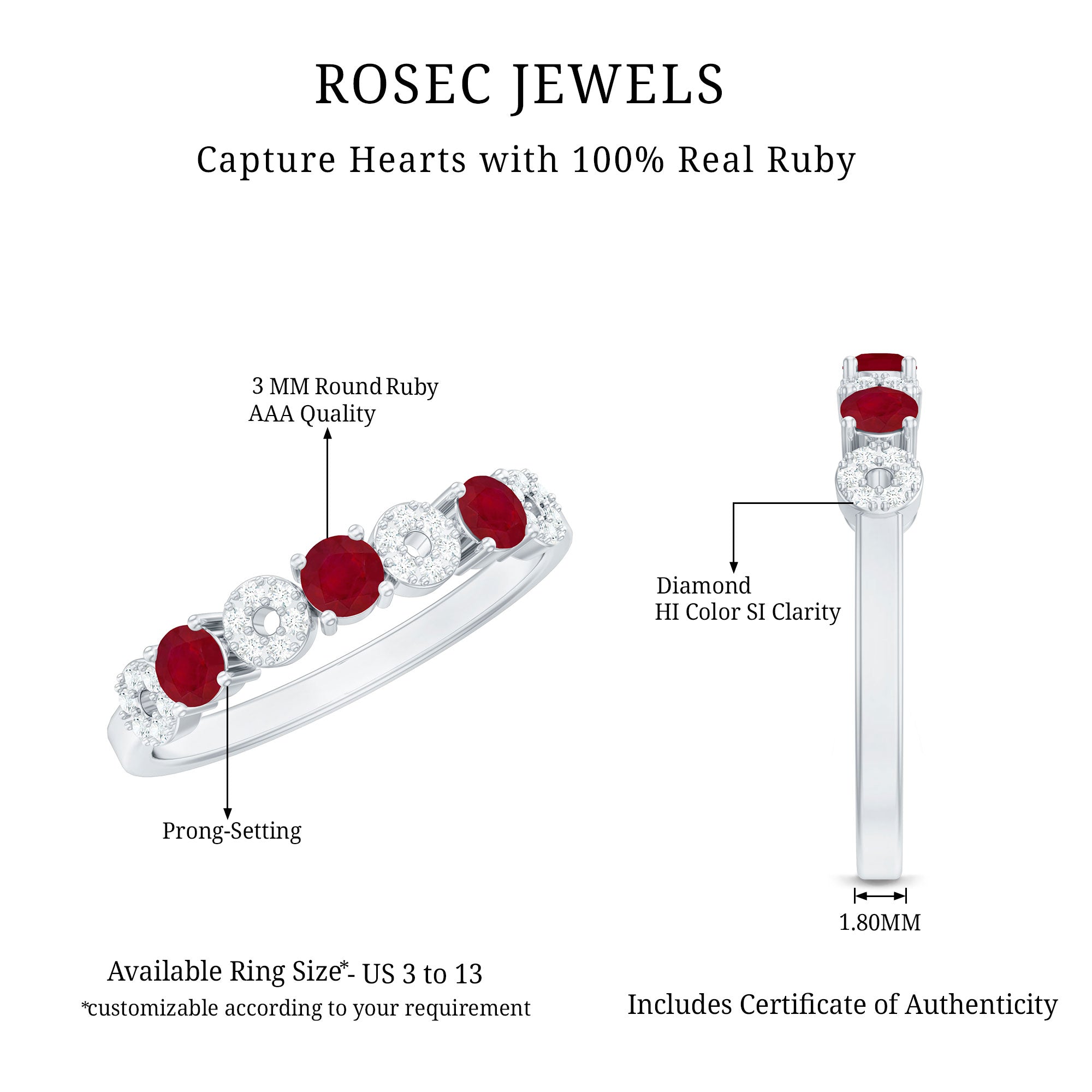 Rosec Jewels-Genuine Ruby Half Eternity Ring with Diamond for Women