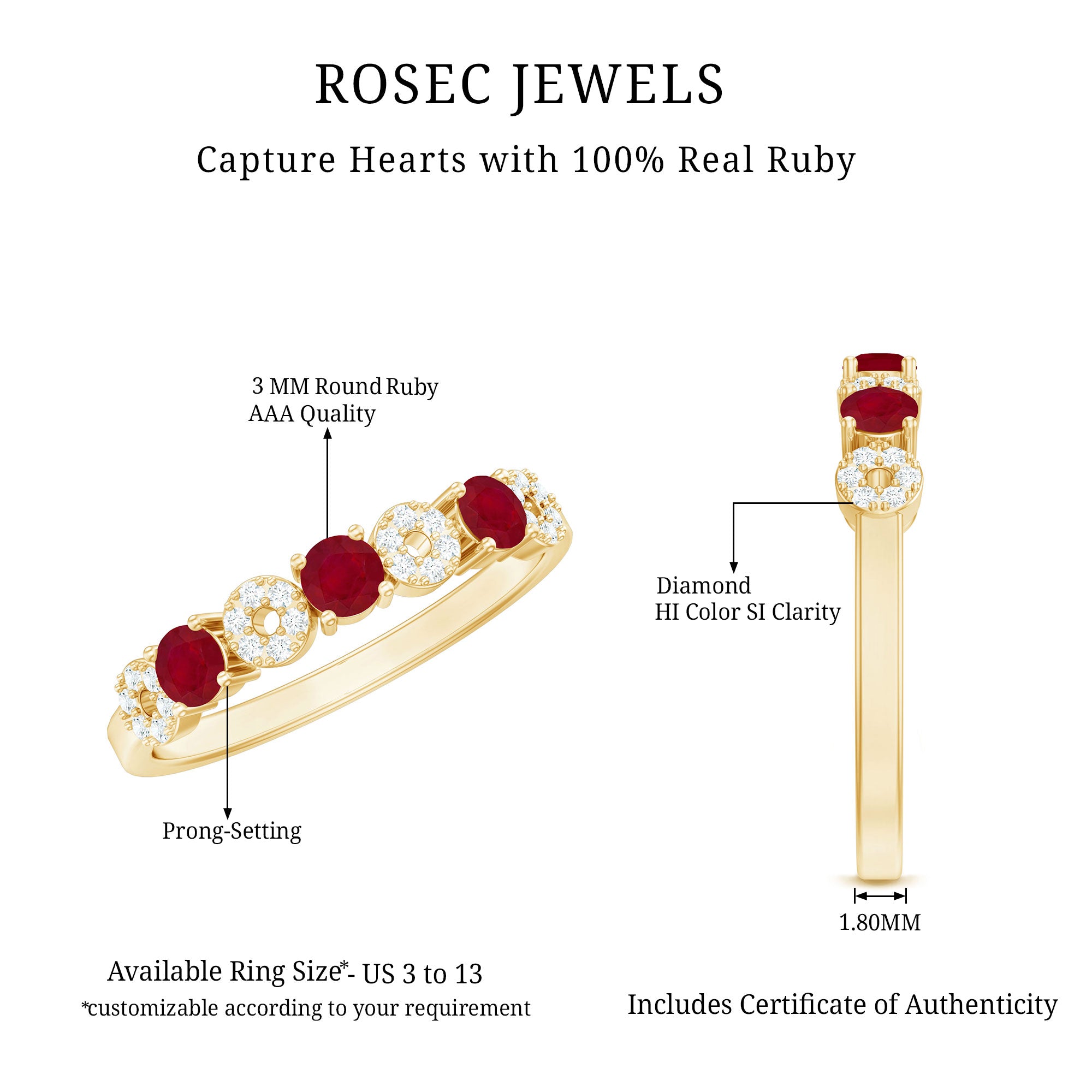 Rosec Jewels-Genuine Ruby Half Eternity Ring with Diamond for Women