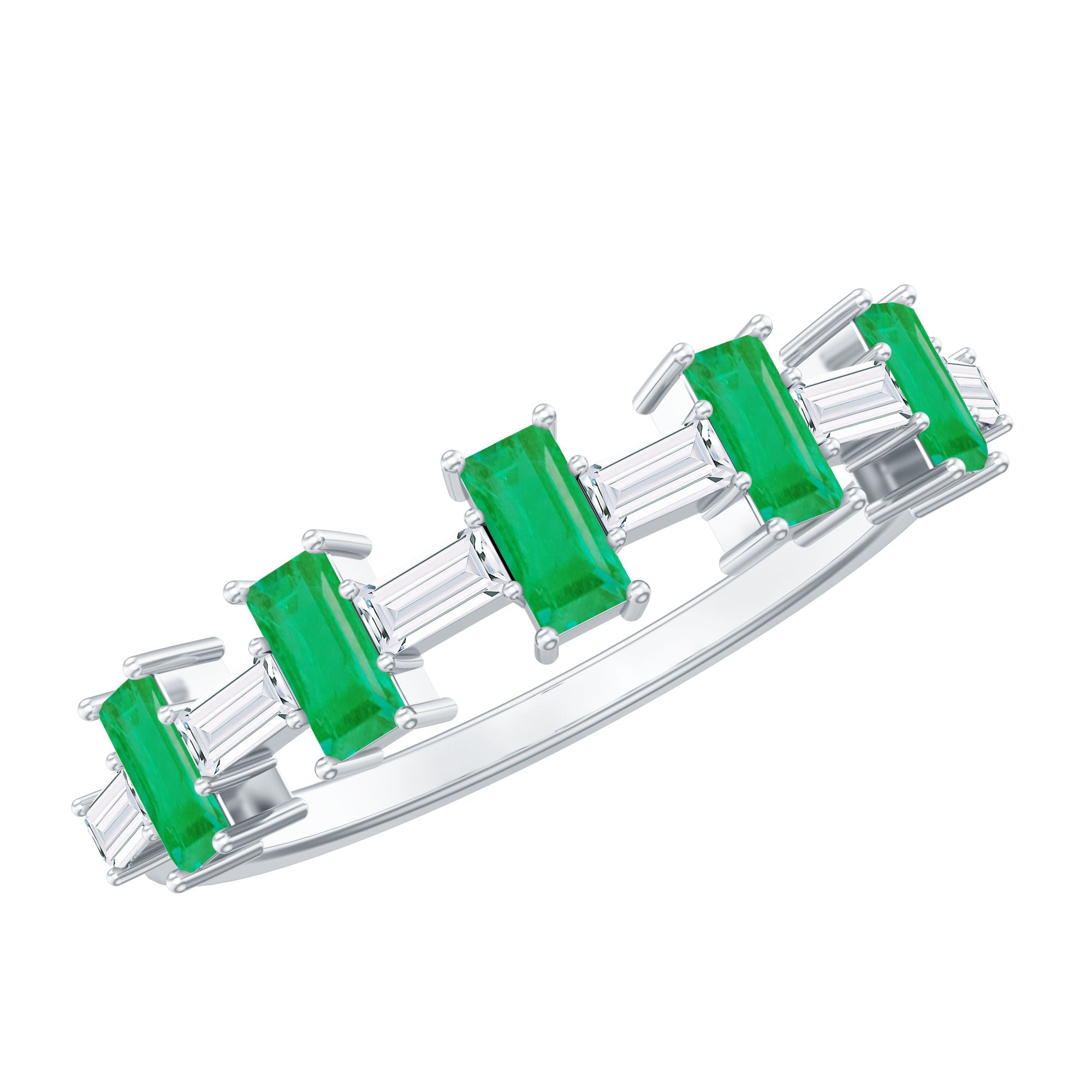 Genuine Baguette Emerald Half Eternity Ring with Moissanite AAA - Rosec Jewels