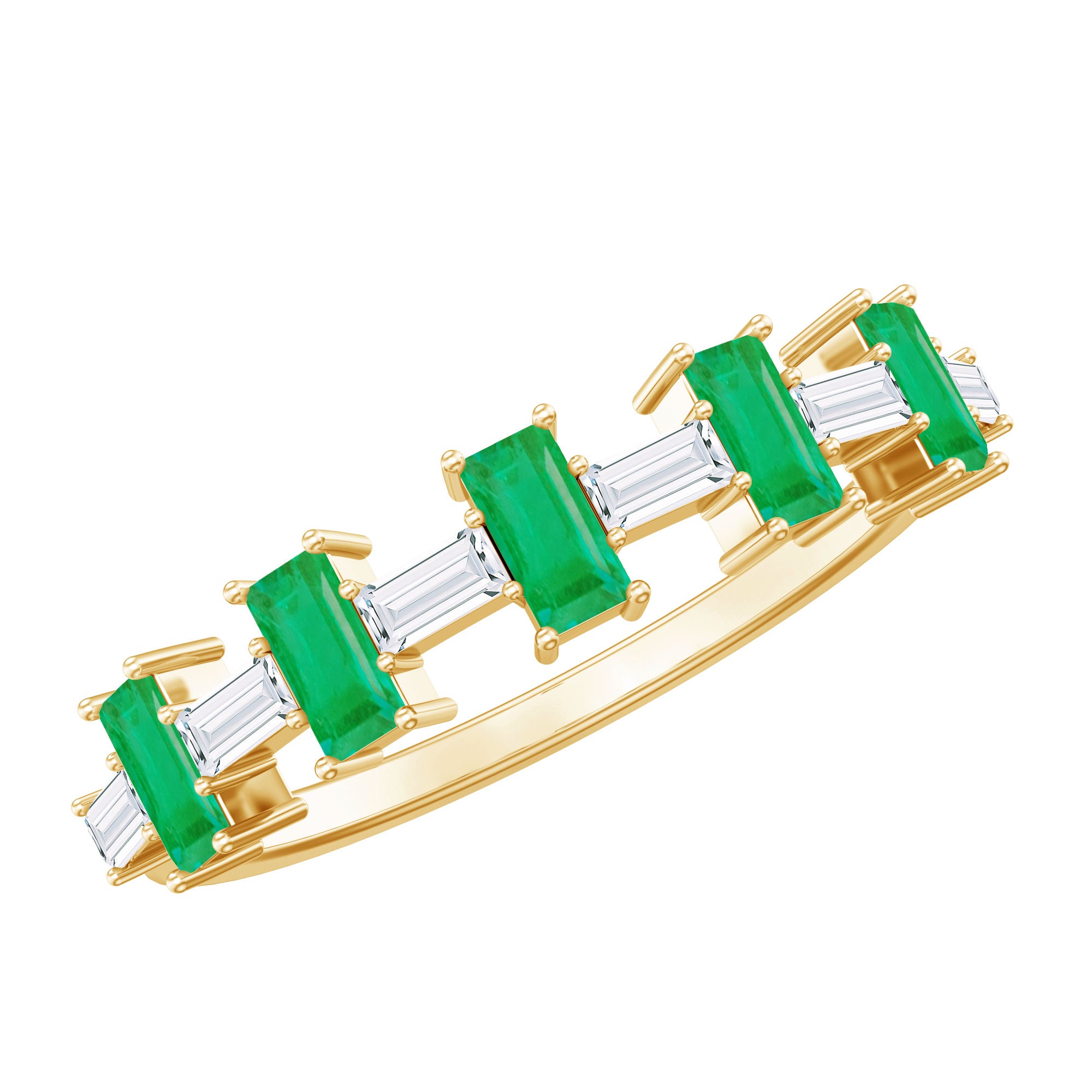 Genuine Baguette Emerald Half Eternity Ring with Moissanite AAA - Rosec Jewels
