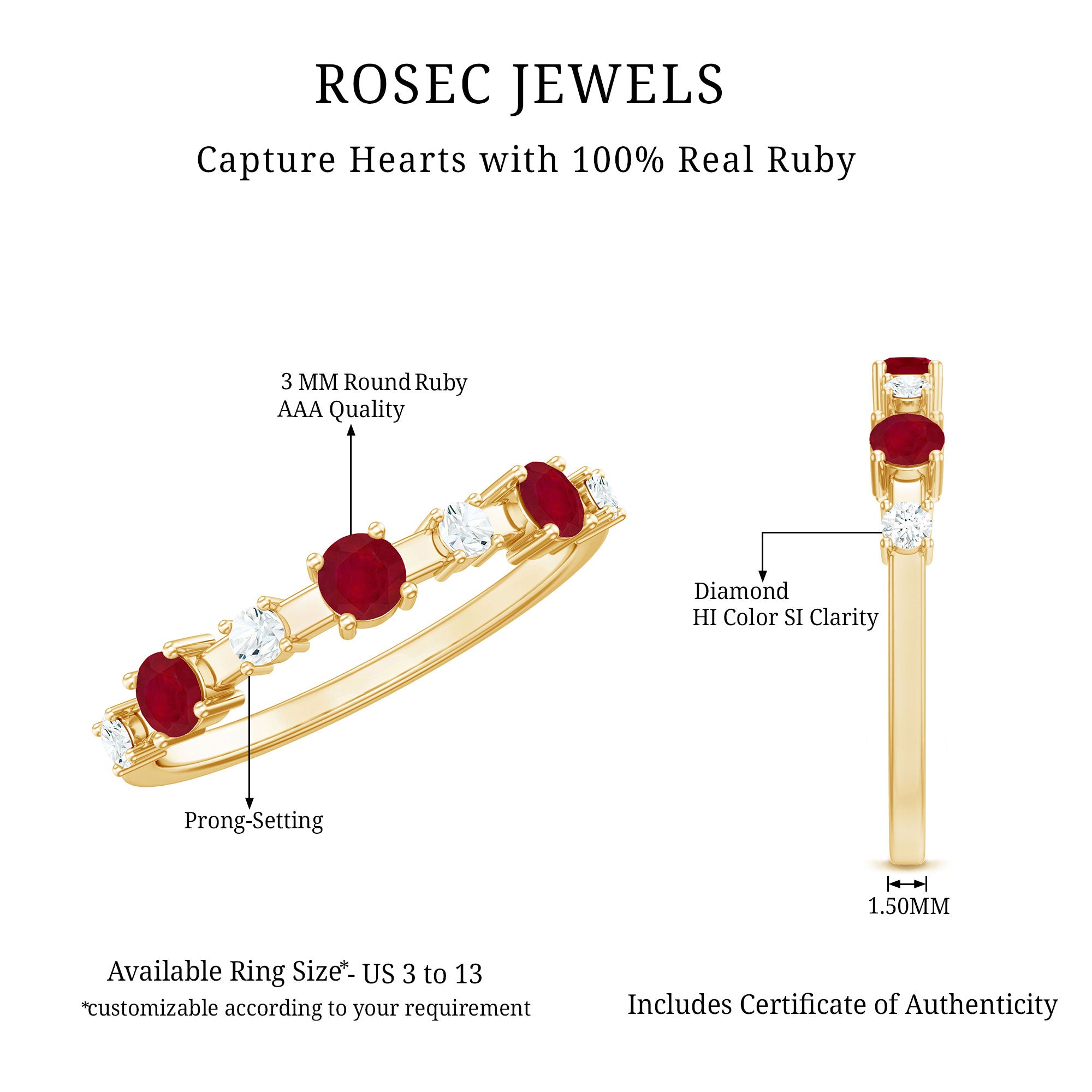 Rosec Jewels-Natural Ruby Half Eternity Anniversary Ring with Diamond