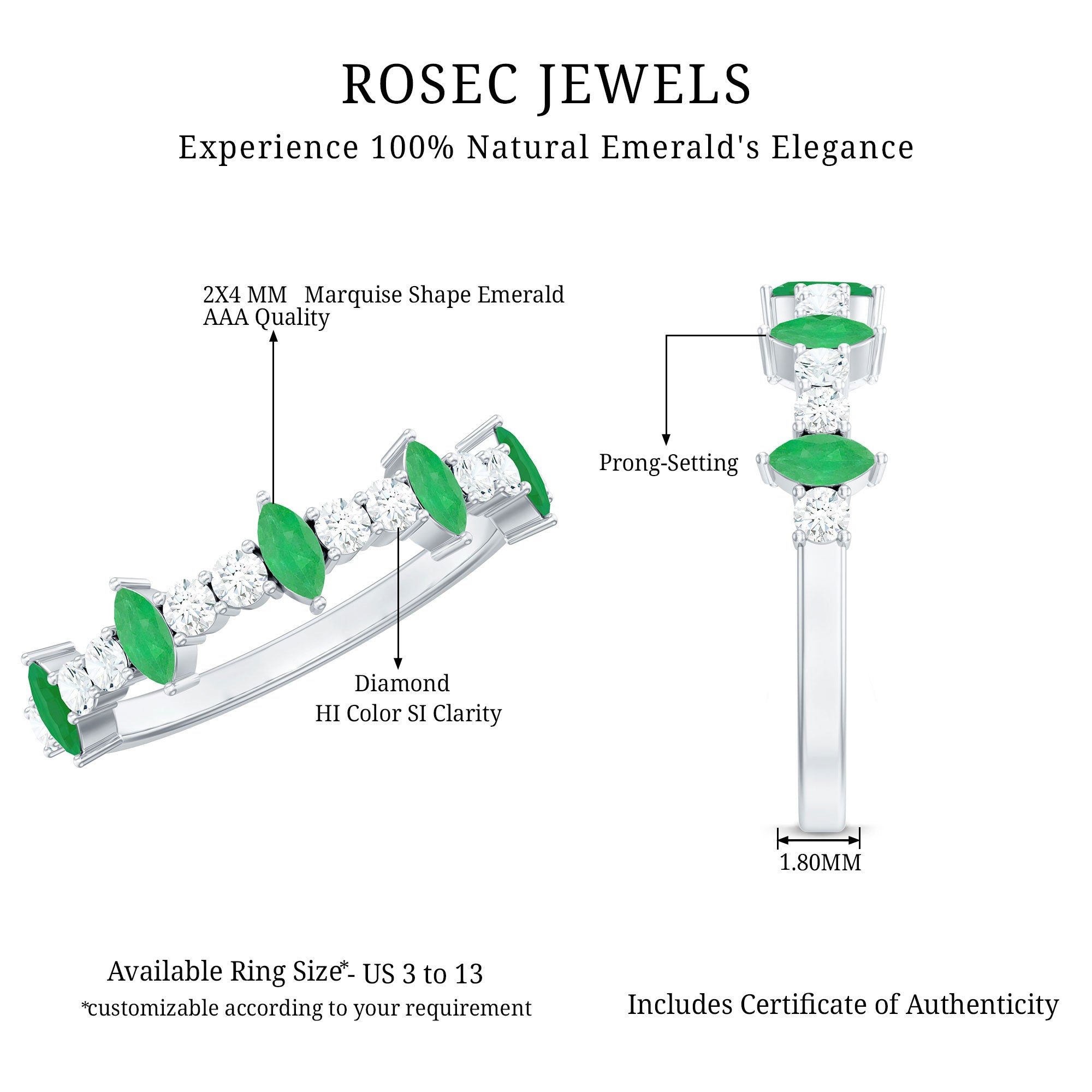 Natural Marquise Emerald Diamond Half Eternity Anniversary Ring with Certificate AAA - Rosec Jewels