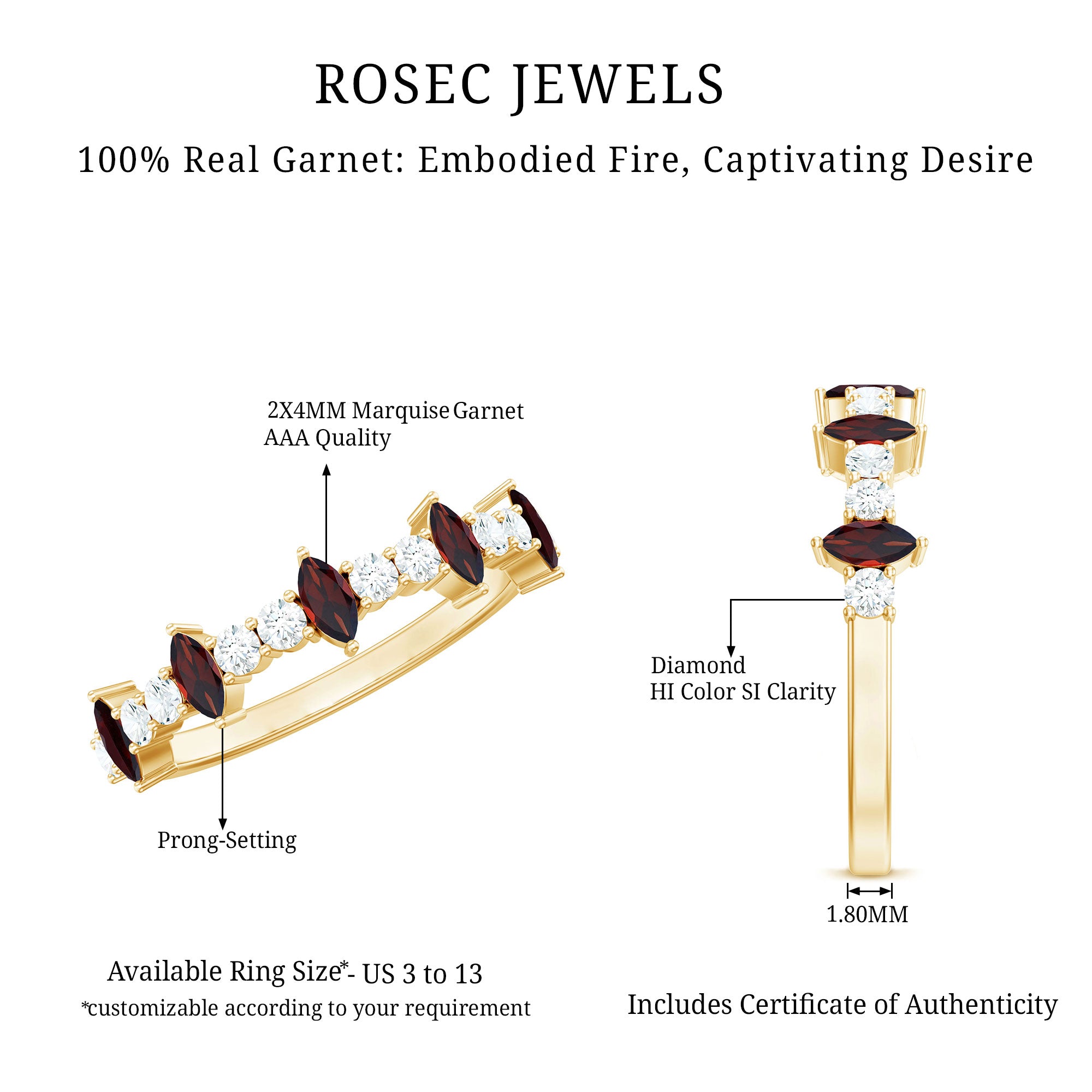 Natural Marquise Garnet Half Eternity Ring with Diamond AAA - Rosec Jewels