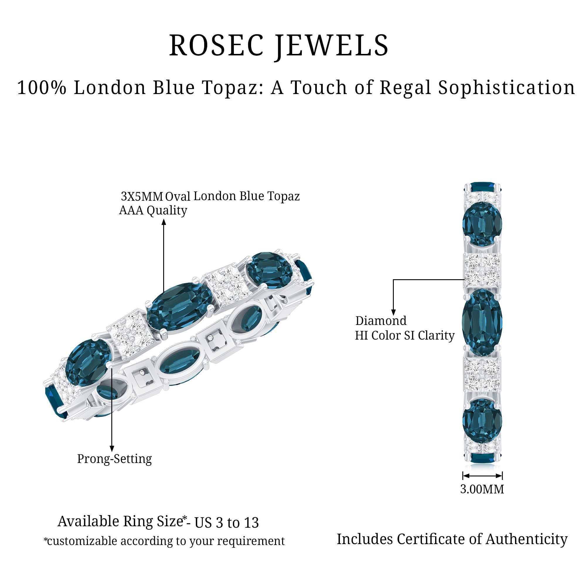 Rosec Jewels-Oval London Blue Topaz Full Eternity Band Ring with Diamond