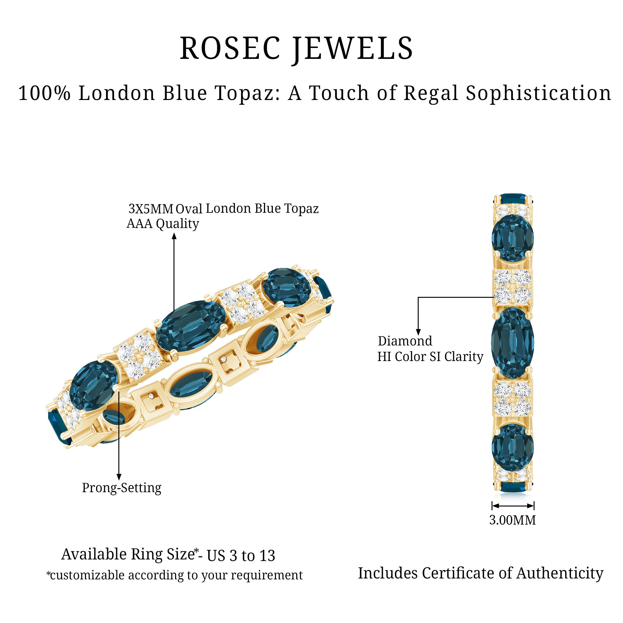 Rosec Jewels-Oval London Blue Topaz Full Eternity Band Ring with Diamond