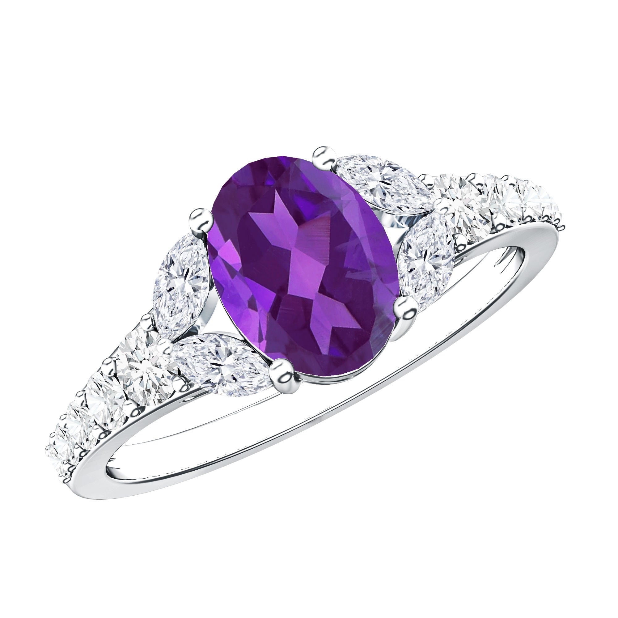 Natural 1 Carat Amethyst Oval Engagement Ring with Diamond AAA - Rosec Jewels