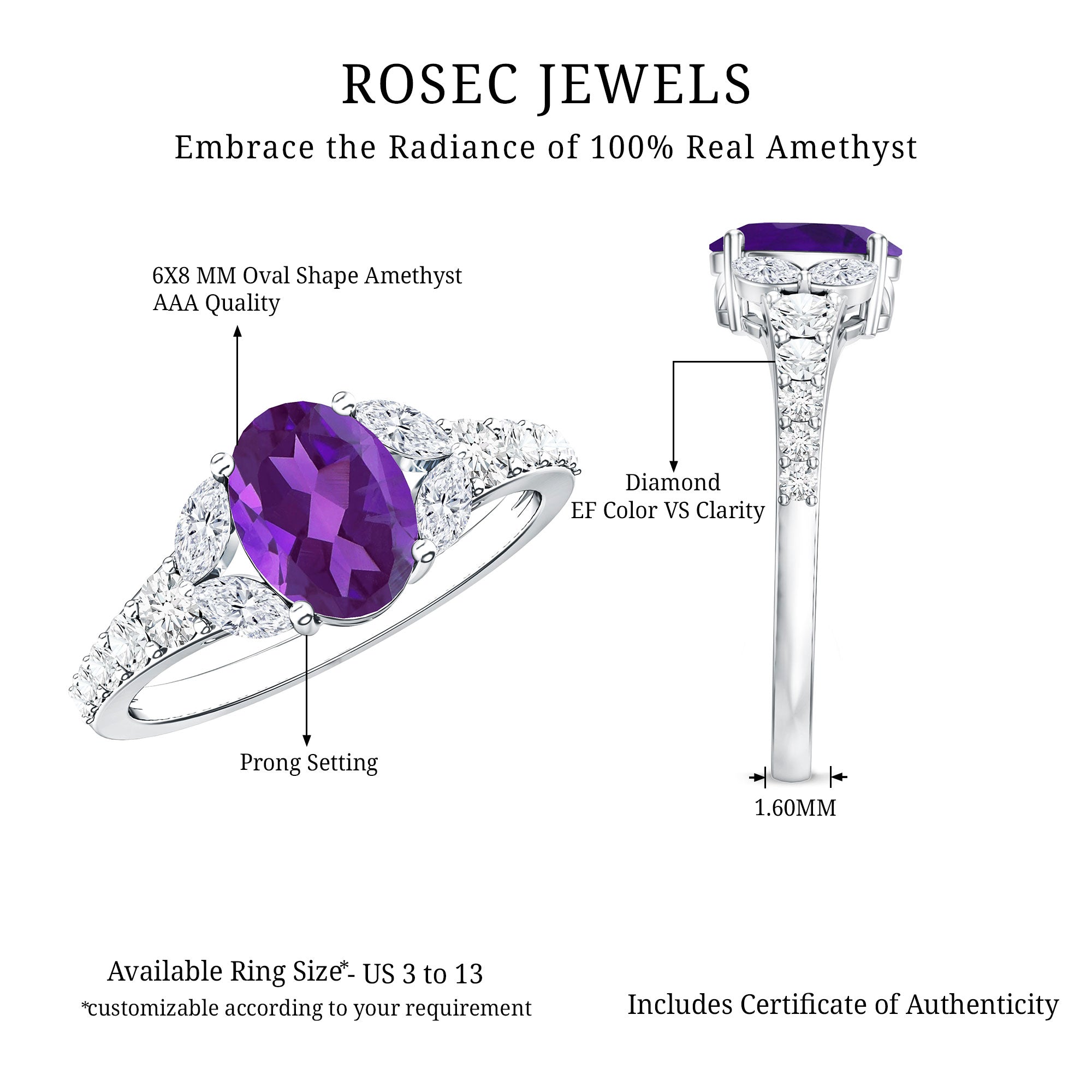 Natural 1 Carat Amethyst Oval Engagement Ring with Diamond AAA - Rosec Jewels