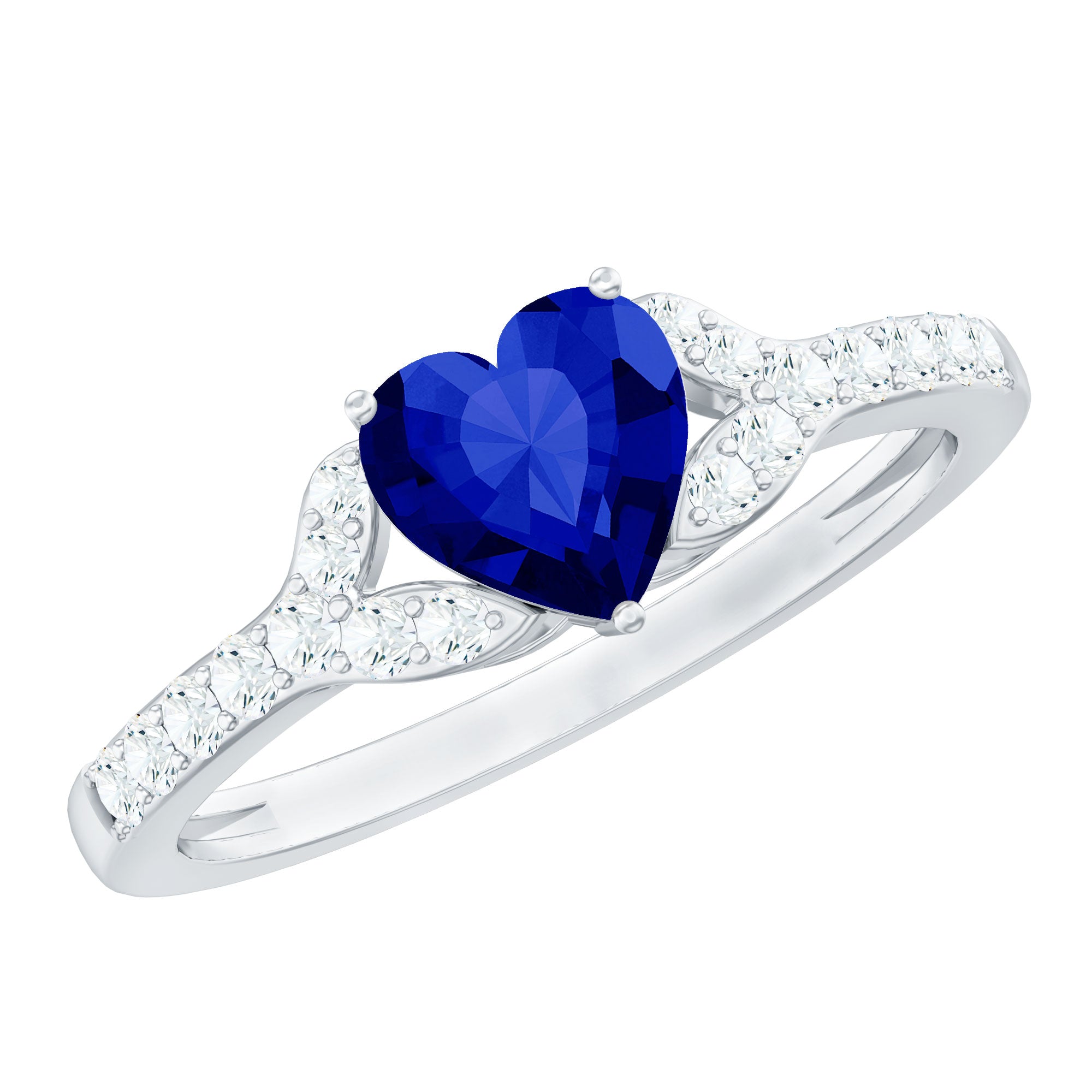 Certified 1 Carat Lab Grown Blue Sapphire Heart Engagement Ring with Real Diamond