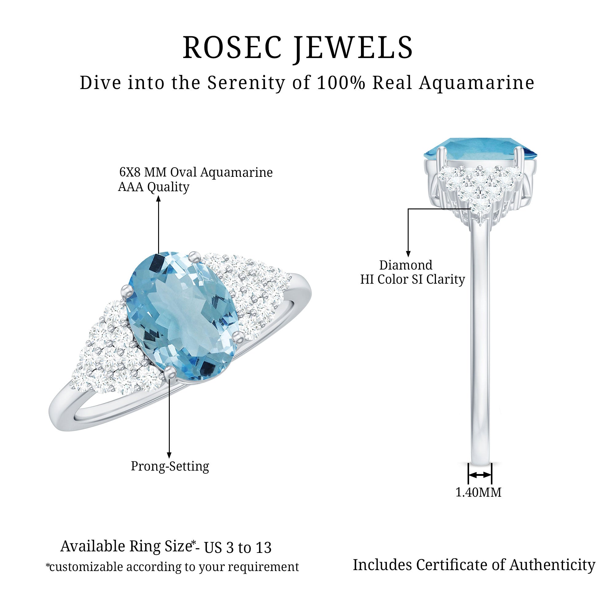 Solitaire 1 Carat Aquamarine Oval Engagement Ring with Diamond Cluster AAA - Rosec Jewels