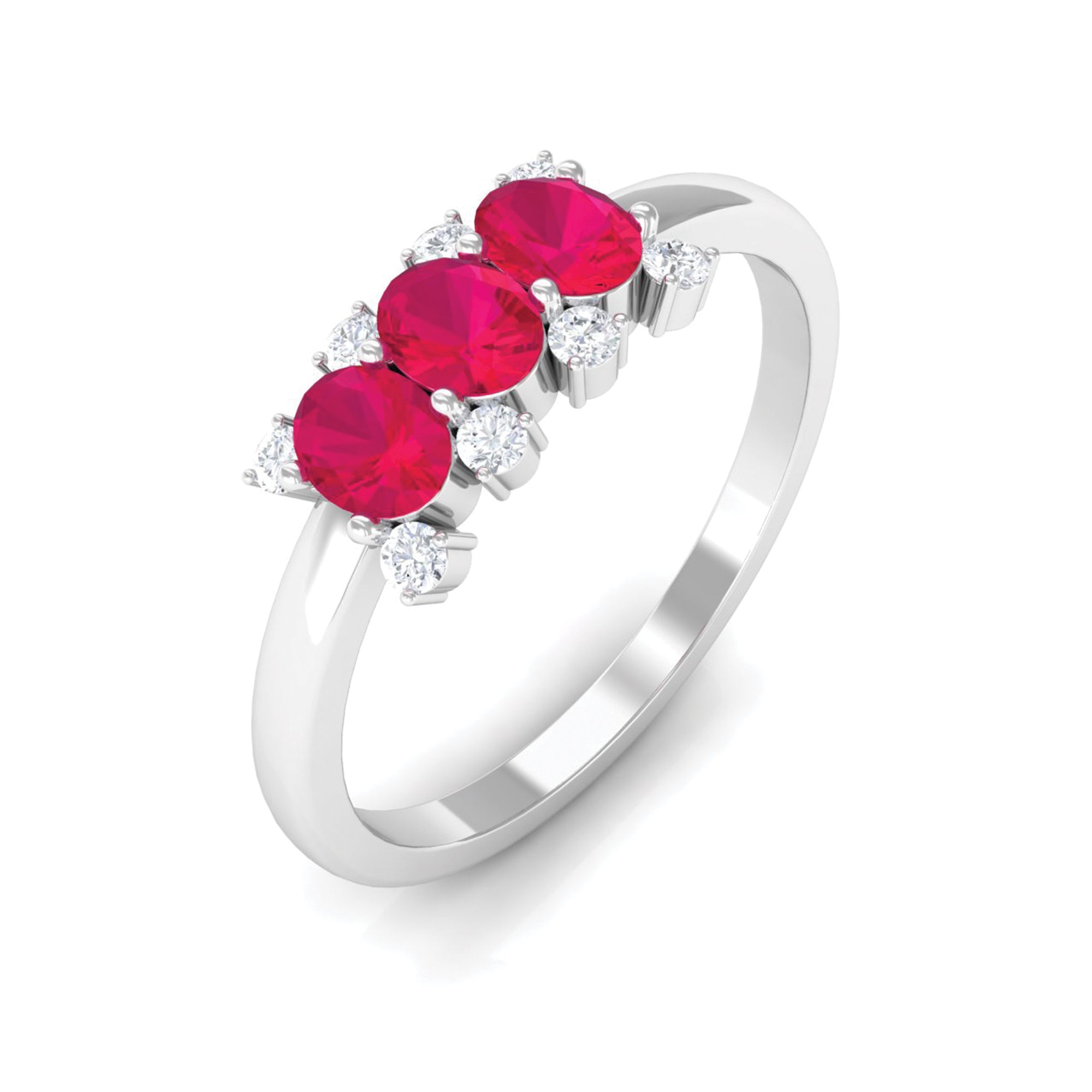 Oval Ruby Three Stone Promise Ring with Diamond AAA - Rosec Jewels