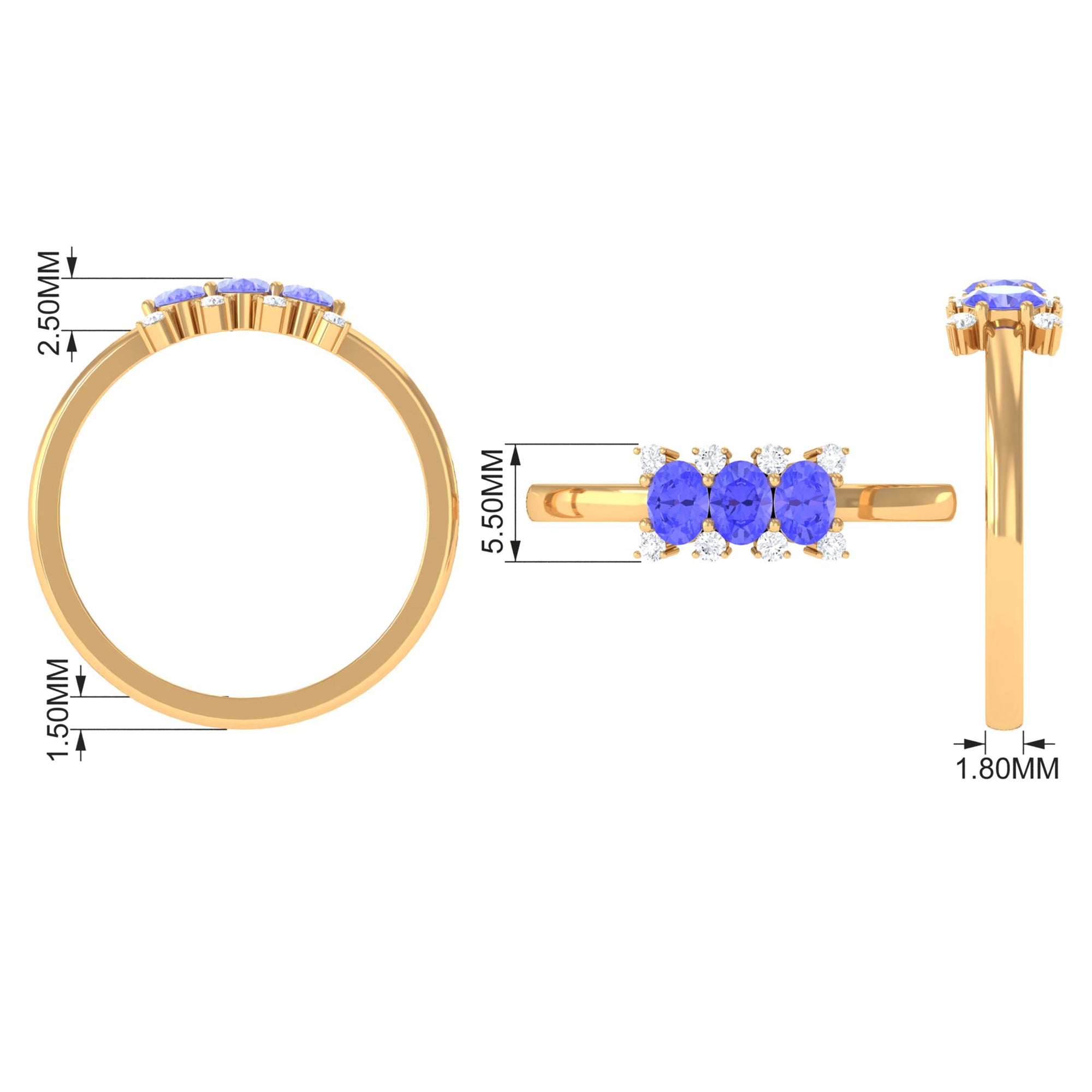 Rosec Jewels-Oval Cut Tanzanite Three Stone Ring with Diamond