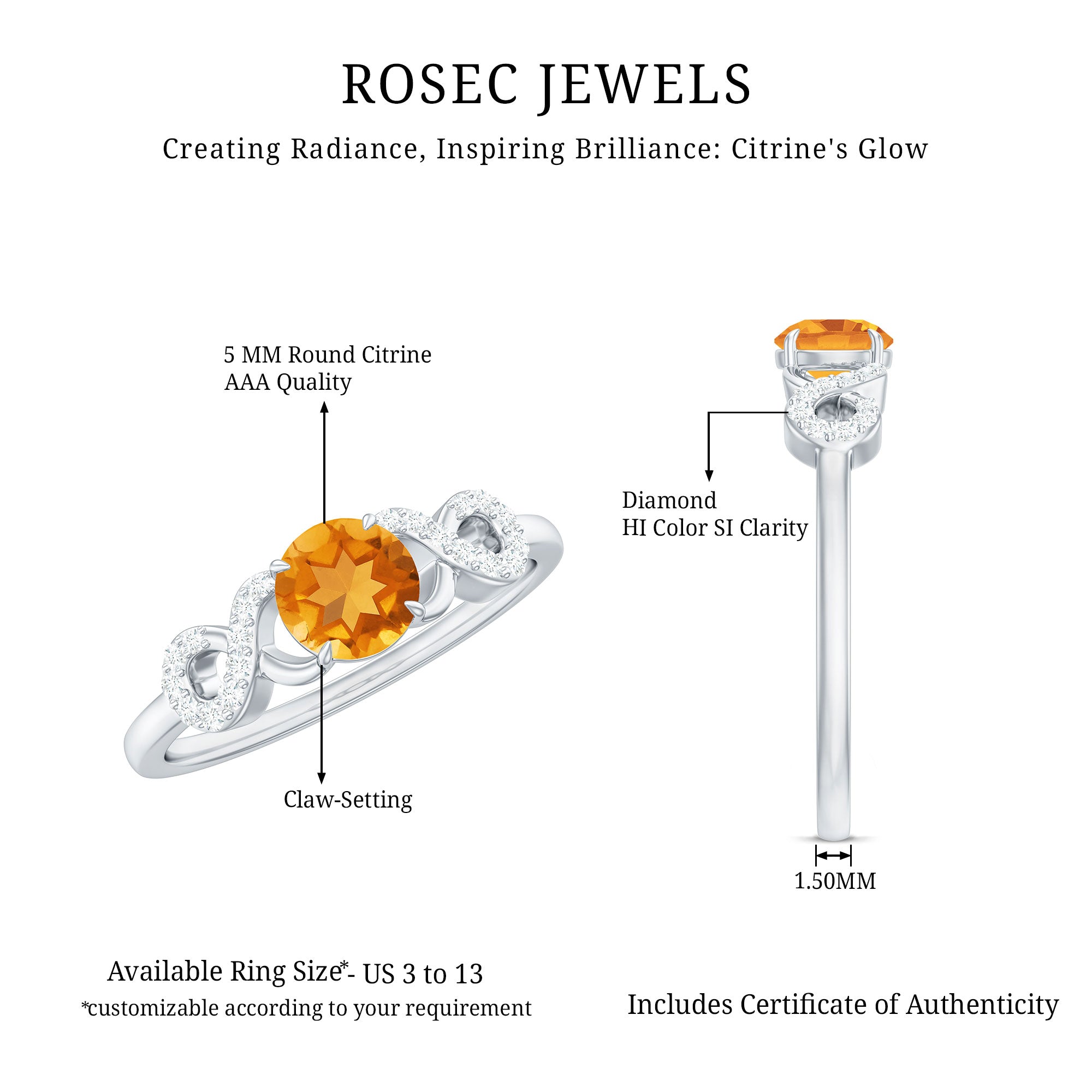 Certified Natural Citrine Infinity Promise Ring with Diamonds AAA - Rosec Jewels