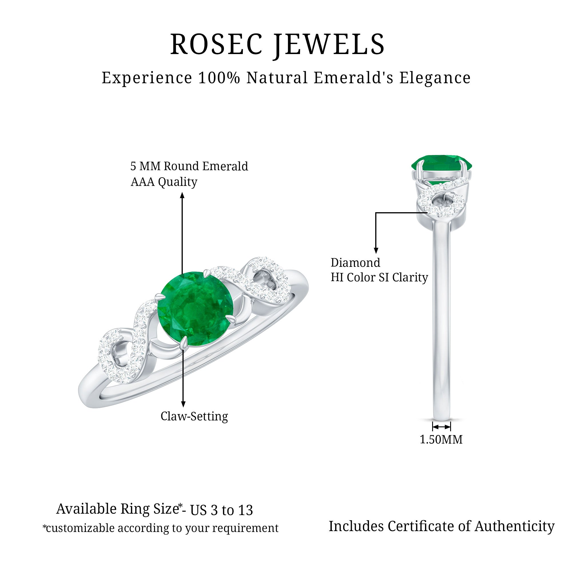 Rosec Jewels-Real Emerald Diamond Promise Engagement Ring with Criss Cross Shank