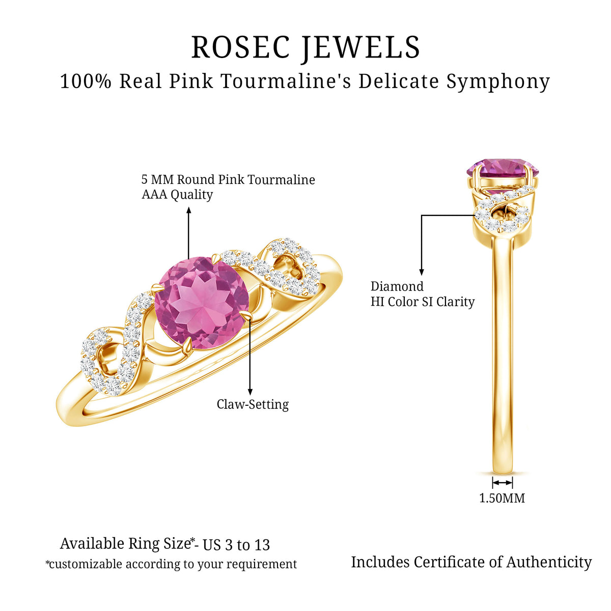 Solitaire Pink Tourmaline Infinity Promise Ring with Diamond AAA - Rosec Jewels