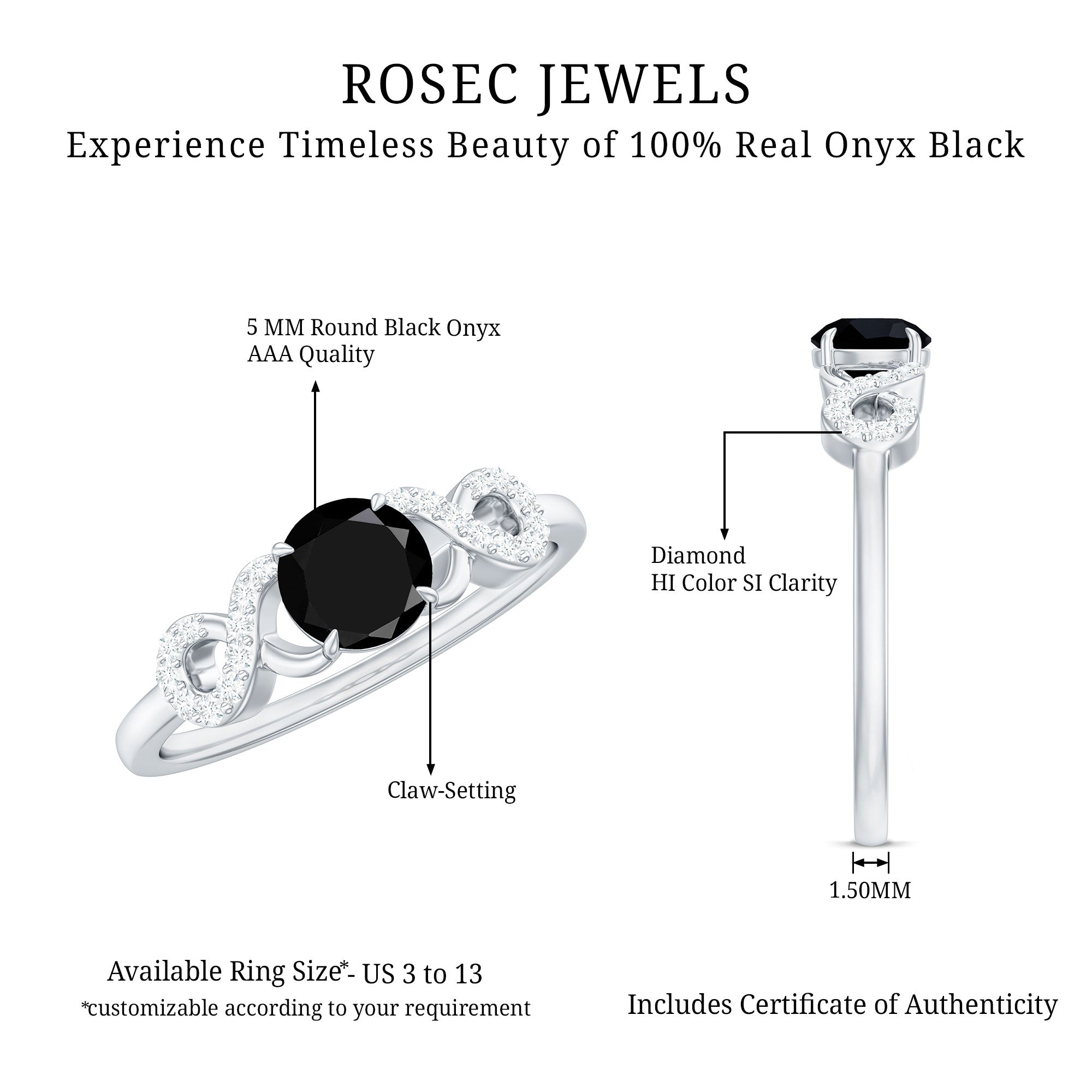 1/2 CT Black Onyx and Diamond Criss Cross Engagement Ring AAA - Rosec Jewels