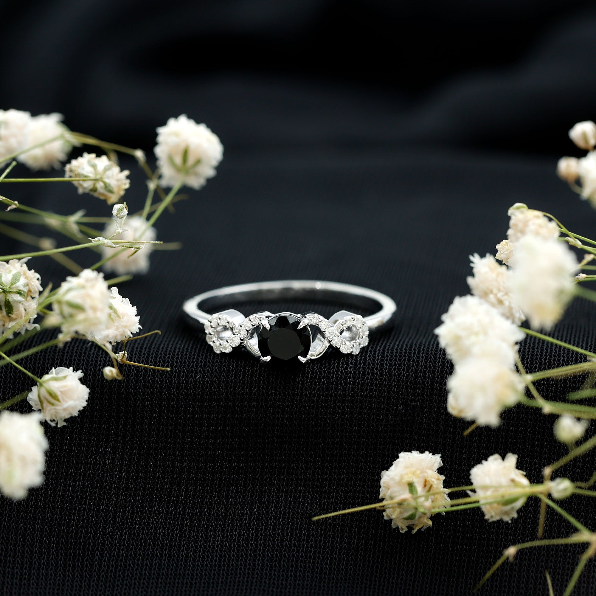 1/2 CT Black Onyx and Diamond Criss Cross Engagement Ring AAA - Rosec Jewels