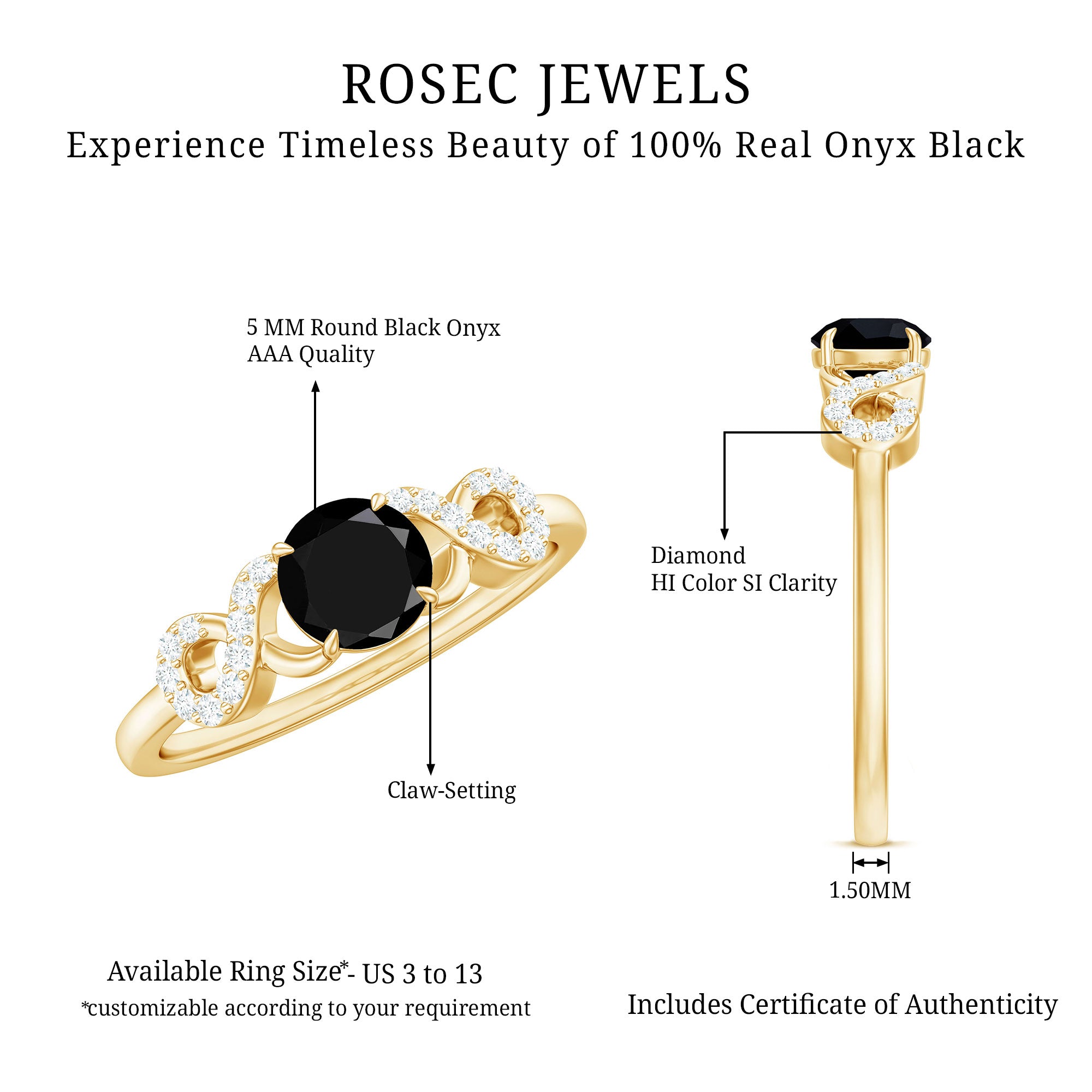 1/2 CT Black Onyx and Diamond Criss Cross Engagement Ring AAA - Rosec Jewels